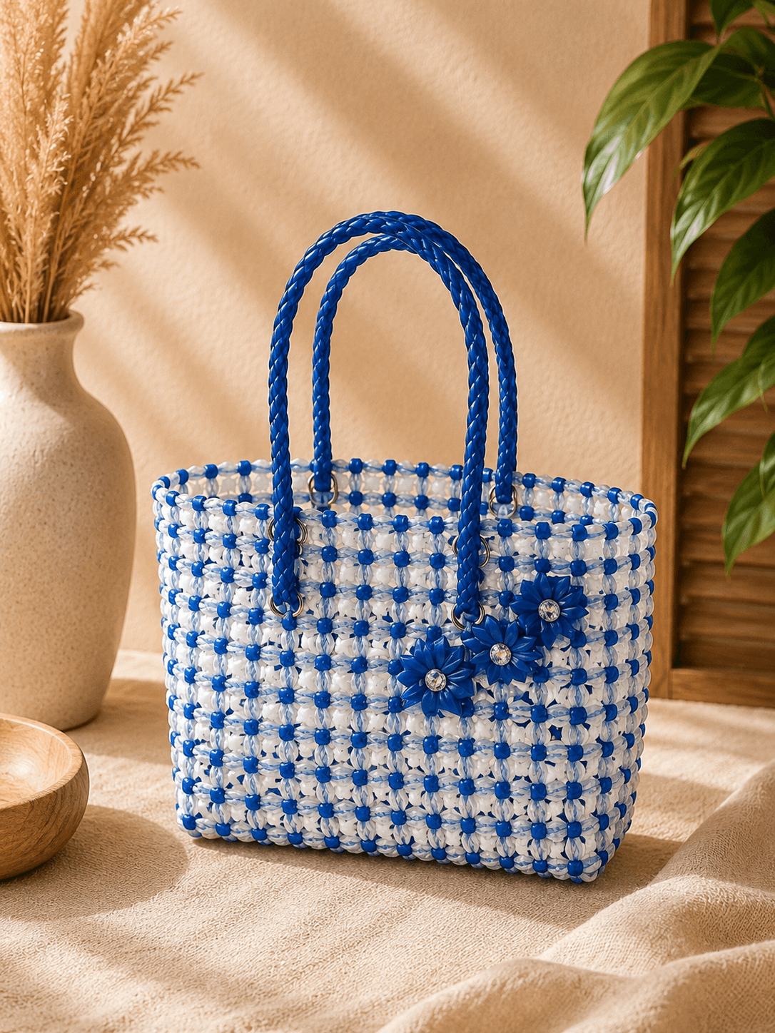 Premium Handmade Wire Woven Bags | Traditional Plastic Wire Handbags | Reusable Shopping & Gift Bags | KMC Iyarkai Creation |Blue white beeds