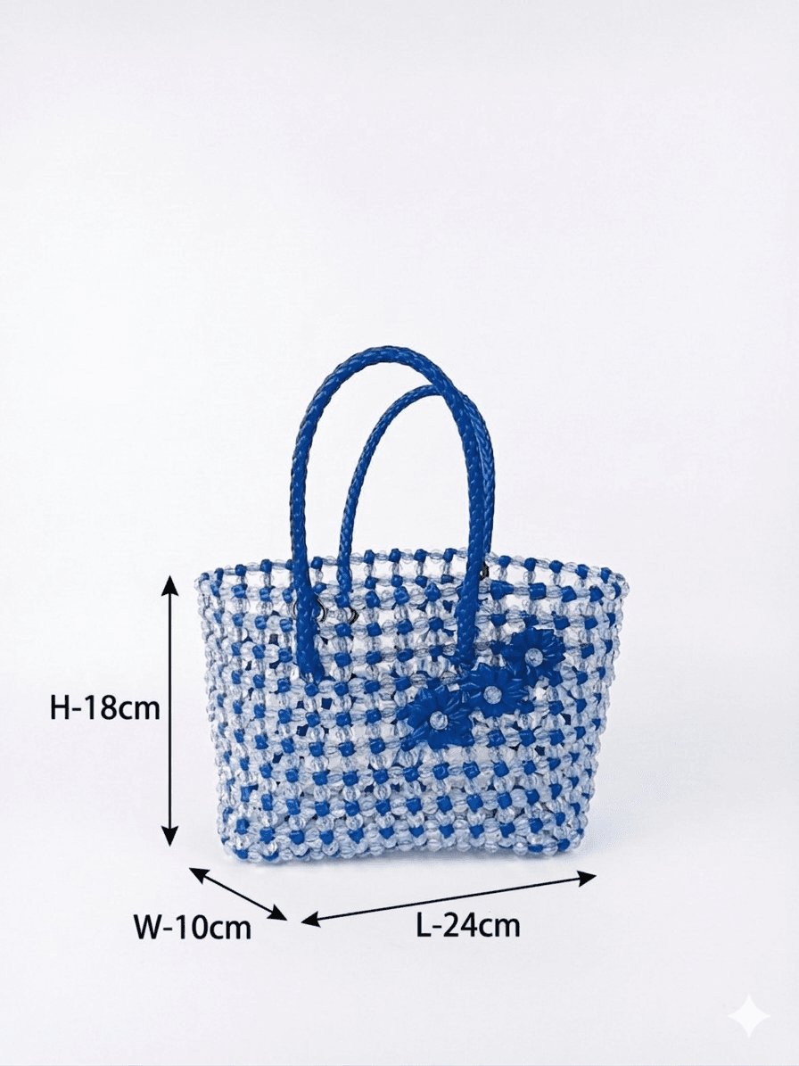 Premium Handmade Wire Woven Bags | Traditional Plastic Wire Handbags | Reusable Shopping & Gift Bags | KMC Iyarkai Creation |Blue white beeds 3