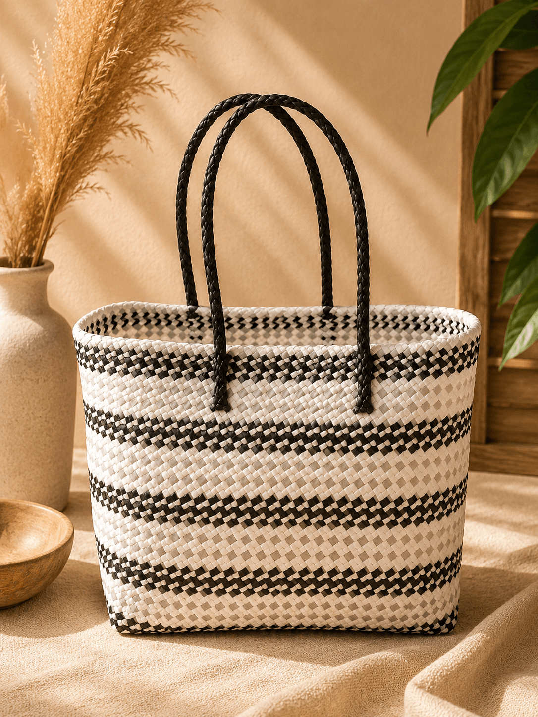 Premium Handmade Wire Woven Bags | Traditional Plastic Wire Handbags | Reusable Shopping & Gift Bags | KMC Iyarkai Creation |Black and white_Normal