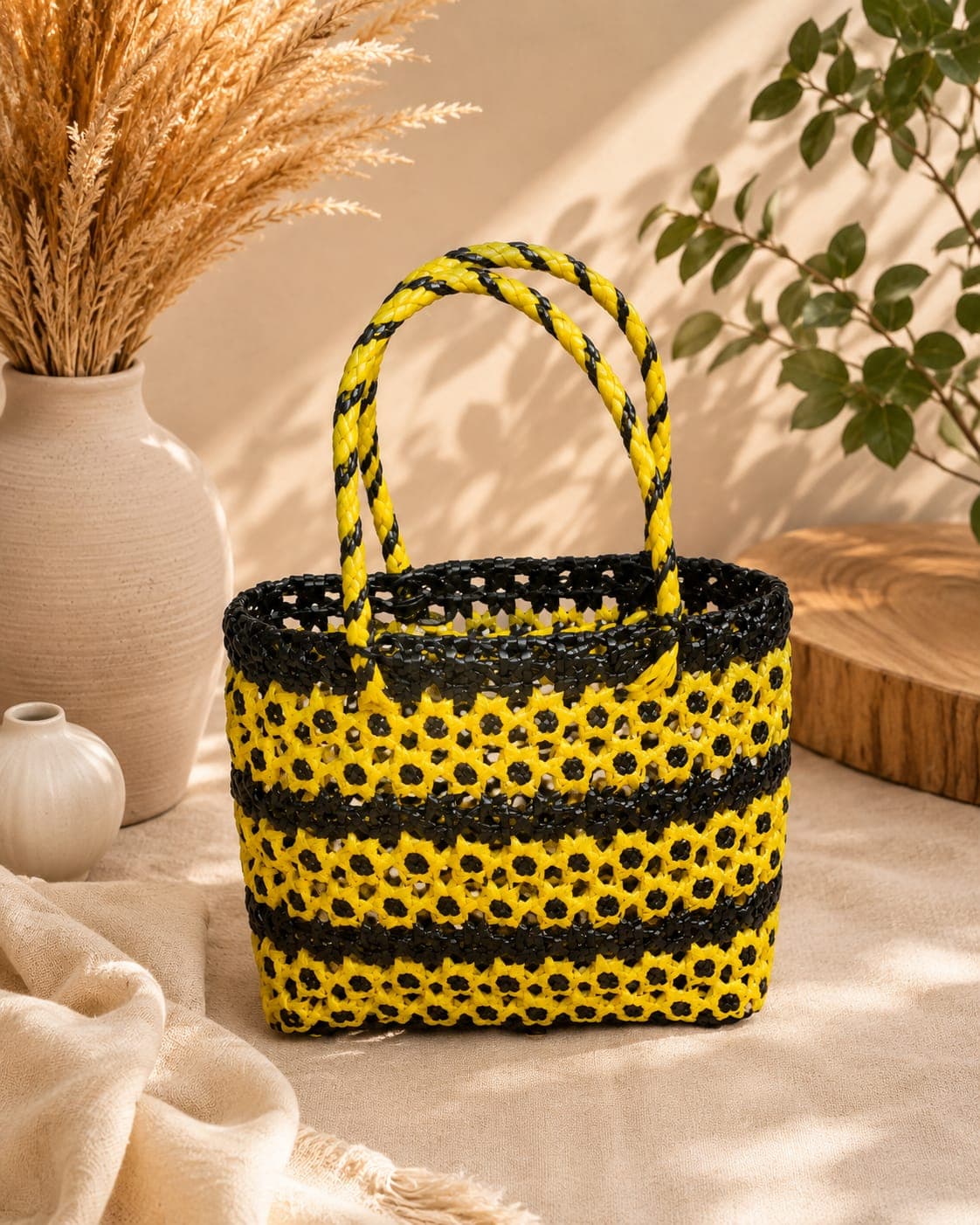Premium Handmade Wire Woven Bags | Traditional Plastic Wire Handbags | Reusable Shopping & Gift Bags | KMC Iyarkai Creation |Amla knot yellow black 1