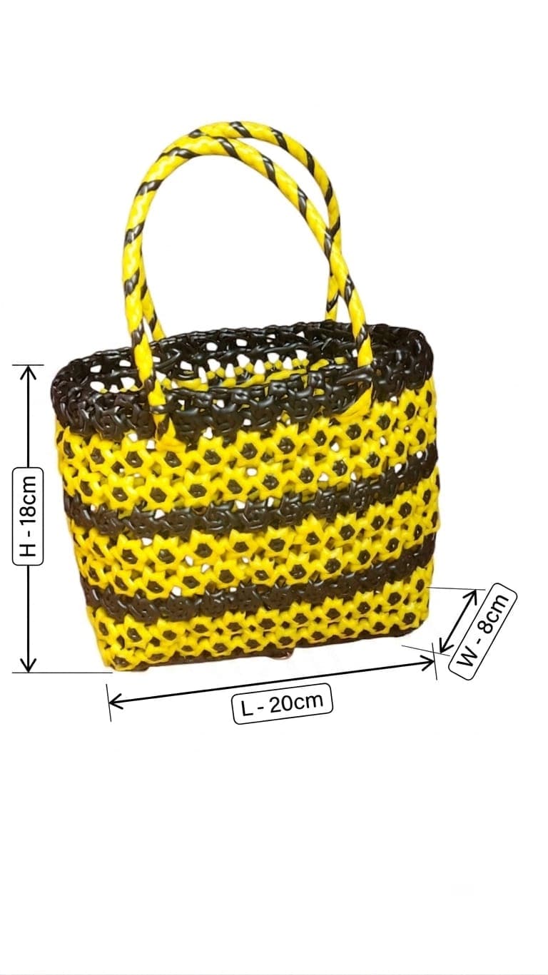 Premium Handmade Wire Woven Bags | Traditional Plastic Wire Handbags | Reusable Shopping & Gift Bags | KMC Iyarkai Creation |Amla knot yellow black 3