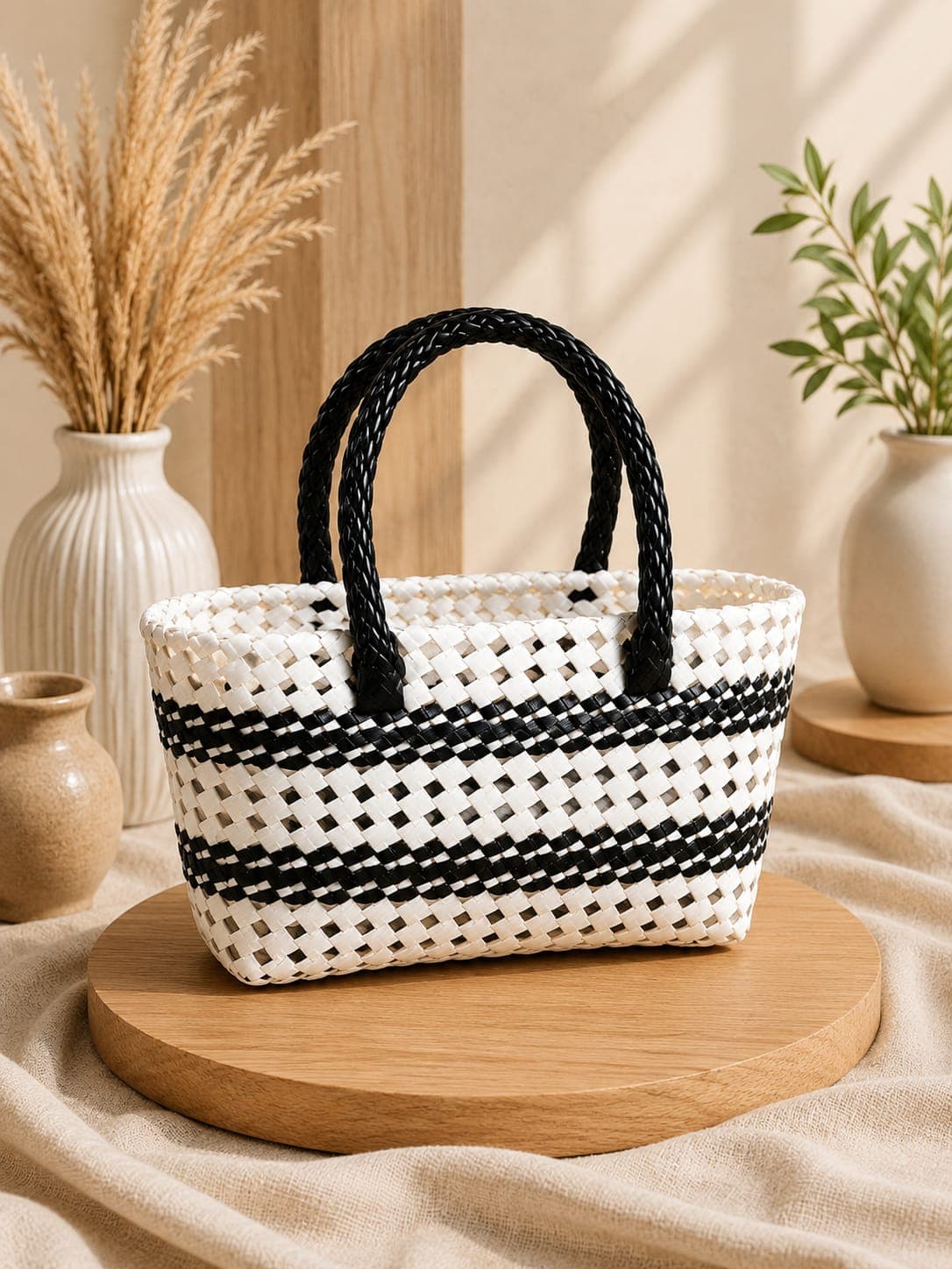 Premium Handmade Wire Woven Bags | Traditional Plastic Wire Handbags | Reusable Shopping & Gift Bags | KMC Iyarkai Creation |Black and white_small