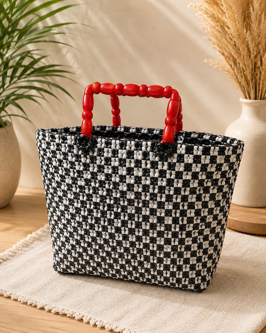 Premium Handmade Wire Woven Bags | Traditional Plastic Wire Handbags | Reusable Shopping & Gift Bags | KMC Iyarkai Creation |Black and white_handle_sivan