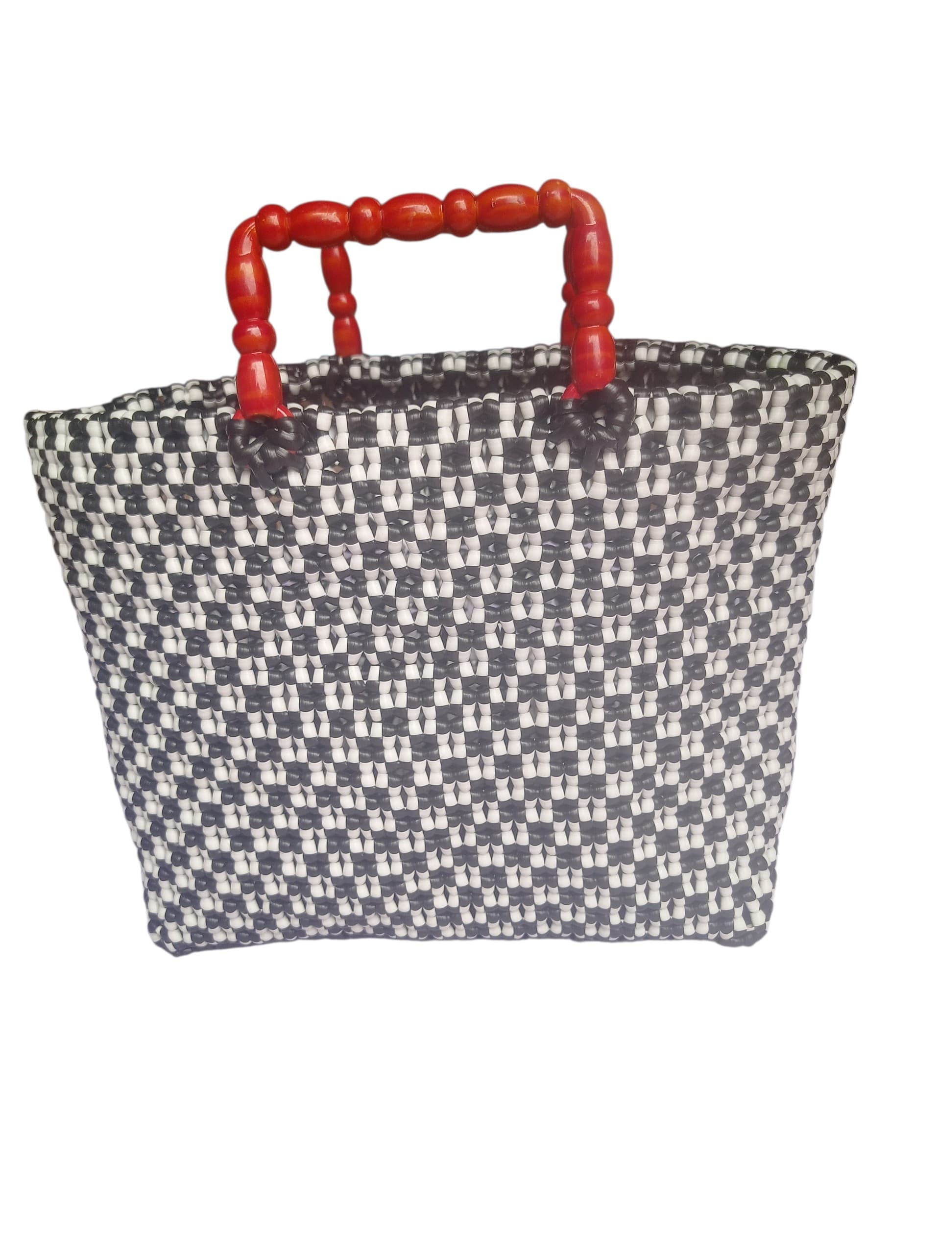 Premium Handmade Wire Woven Bags | Traditional Plastic Wire Handbags | Reusable Shopping & Gift Bags | KMC Iyarkai Creation |Black and white_handle_sivan 2