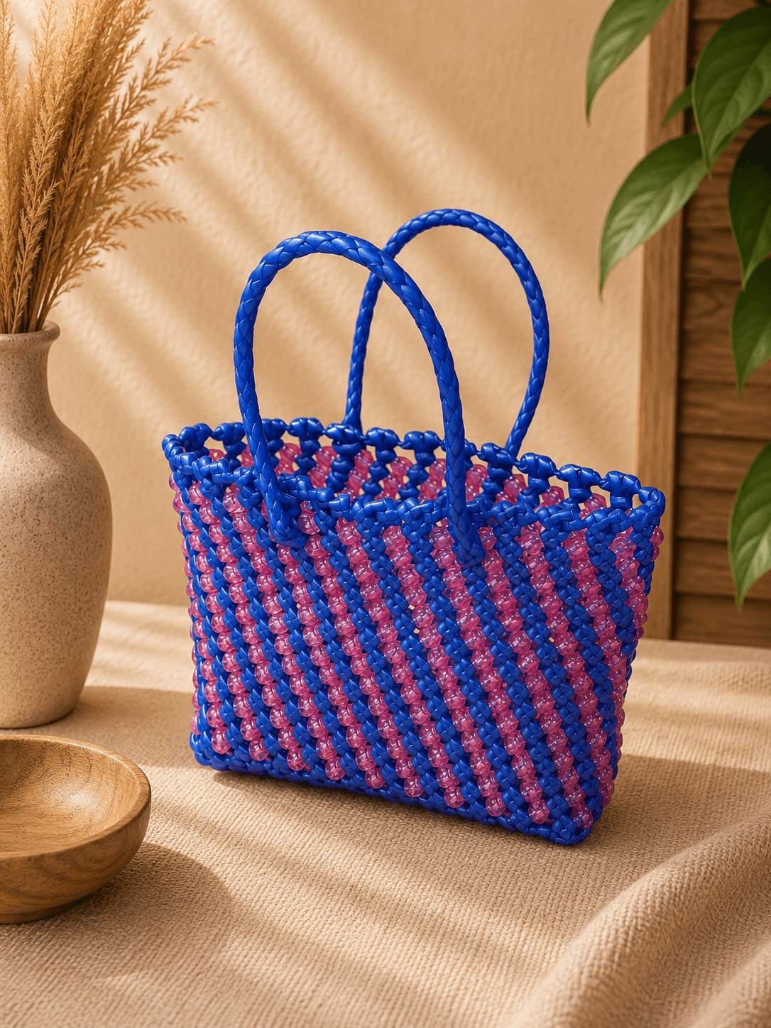 Premium Handmade Wire Woven Bags | Traditional Plastic Wire Handbags | Reusable Shopping & Gift Bags | KMC Iyarkai Creation |Blue pink beads