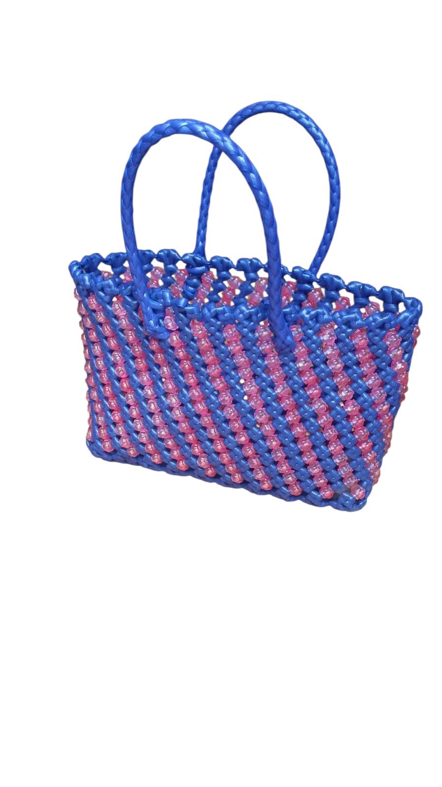 Premium Handmade Wire Woven Bags | Traditional Plastic Wire Handbags | Reusable Shopping & Gift Bags | KMC Iyarkai Creation |Blue pink beads 2