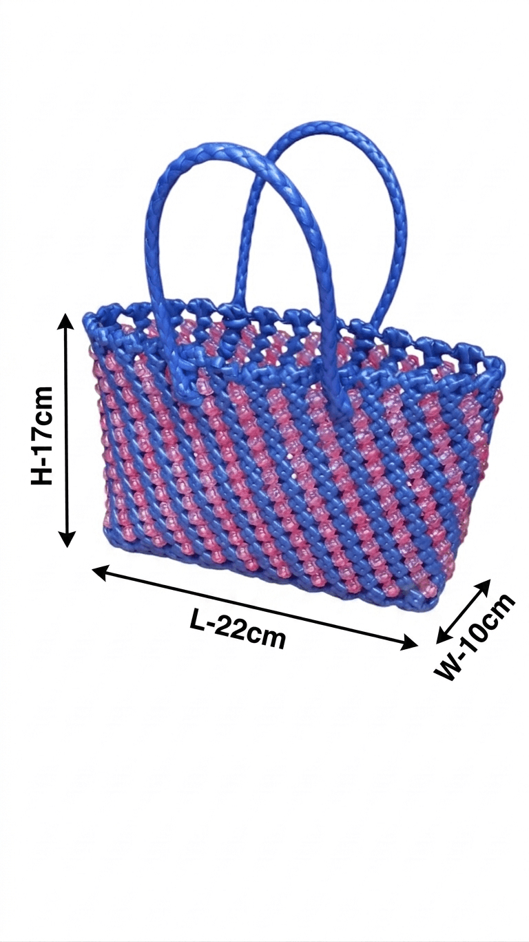 Premium Handmade Wire Woven Bags | Traditional Plastic Wire Handbags | Reusable Shopping & Gift Bags | KMC Iyarkai Creation |Blue pink beads 3