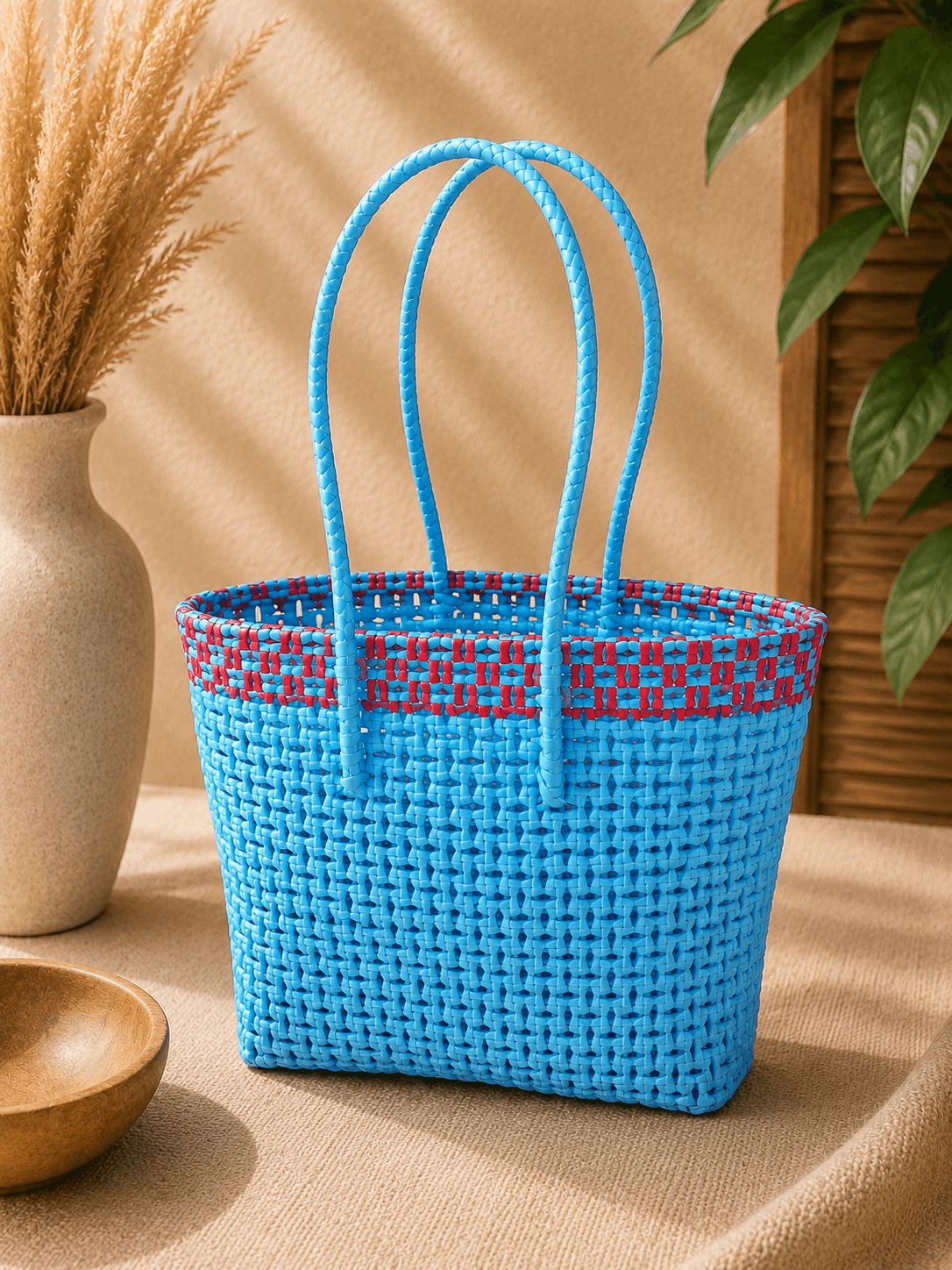 Premium Handmade Wire Woven Bags | Traditional Plastic Wire Handbags | Reusable Shopping & Gift Bags | KMC Iyarkai Creation |Blue Pink Sivan