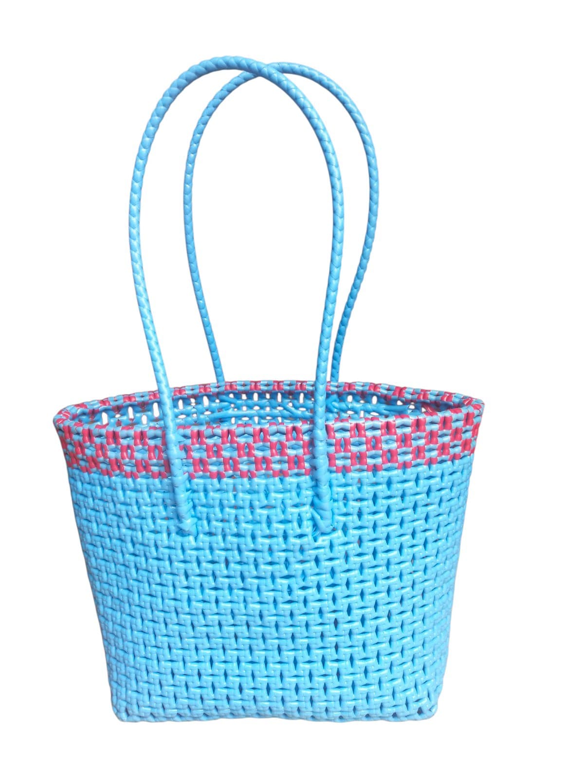 Premium Handmade Wire Woven Bags | Traditional Plastic Wire Handbags | Reusable Shopping & Gift Bags | KMC Iyarkai Creation |Blue Pink Sivan 2