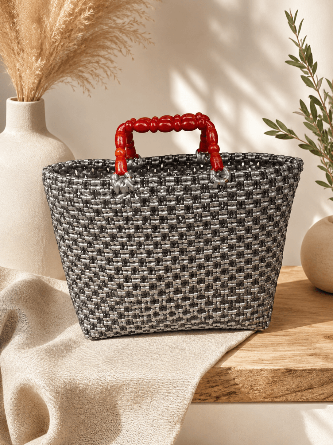 Premium Handmade Wire Woven Bags | Traditional Plastic Wire Handbags | Reusable Shopping & Gift Bags | KMC Iyarkai Creation |Black_grey_handle_sivan