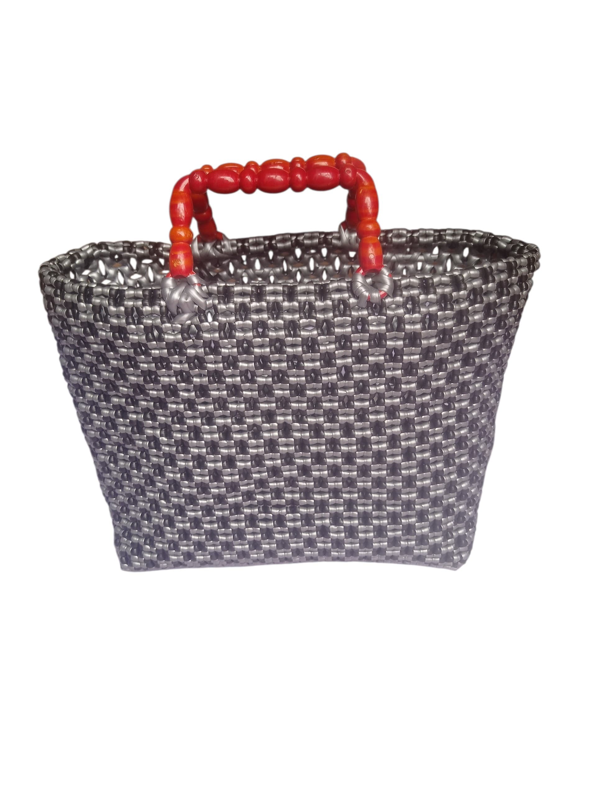 Premium Handmade Wire Woven Bags | Traditional Plastic Wire Handbags | Reusable Shopping & Gift Bags | KMC Iyarkai Creation |Black_grey_handle_sivan 2