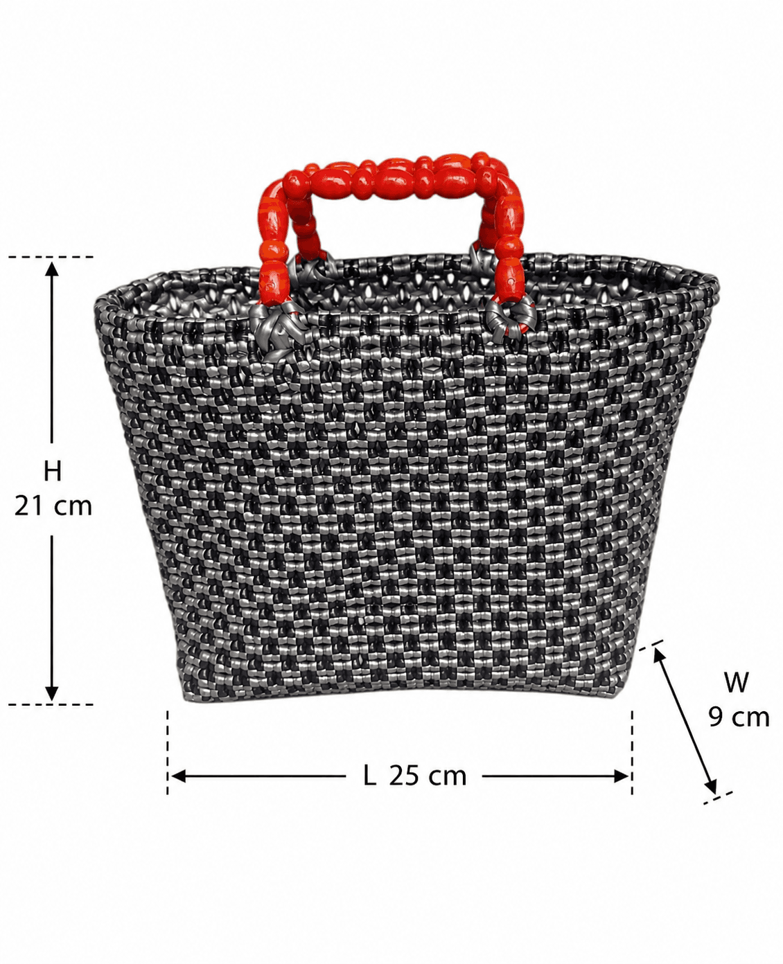 Premium Handmade Wire Woven Bags | Traditional Plastic Wire Handbags | Reusable Shopping & Gift Bags | KMC Iyarkai Creation |Black_grey_handle_sivan 3
