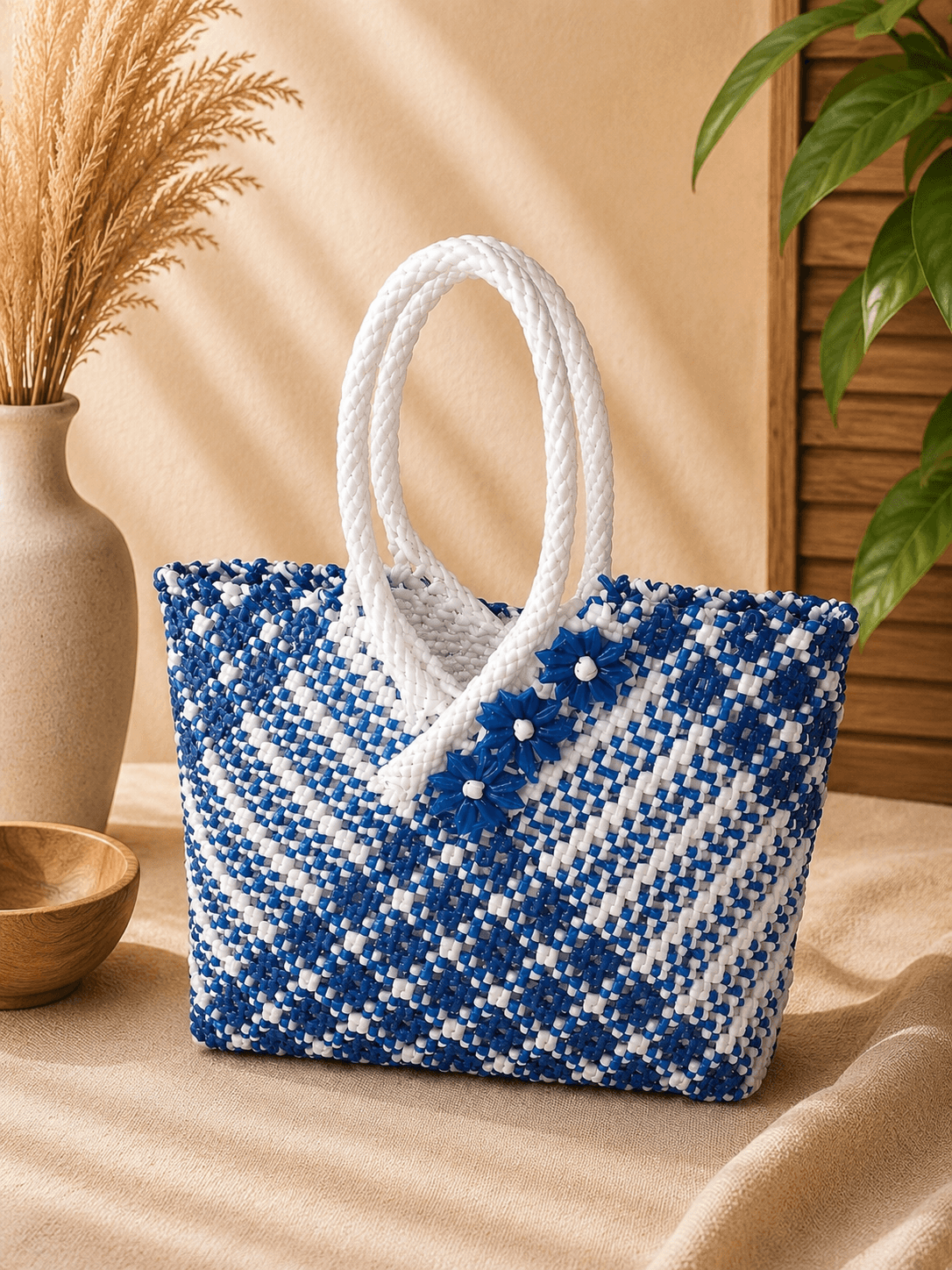 Premium Handmade Wire Woven Bags | Traditional Plastic Wire Handbags | Reusable Shopping & Gift Bags | KMC Iyarkai Creation |Blue white 3 Star 1