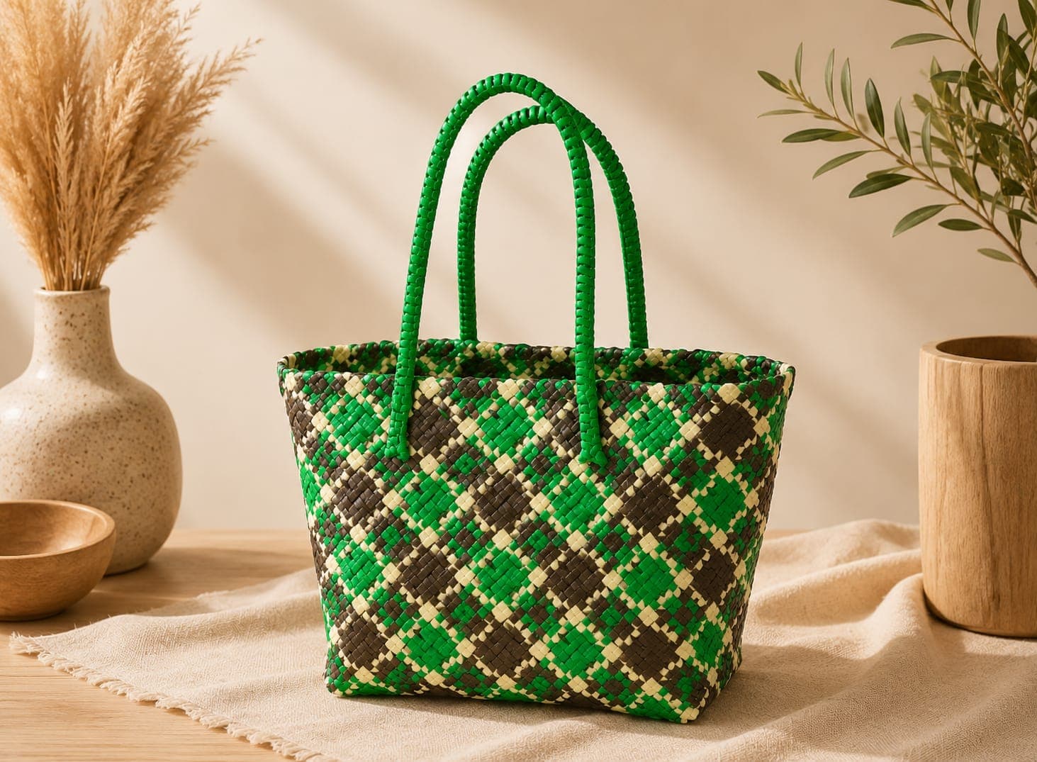 Premium Handmade Wire Woven Bags | Traditional Plastic Wire Handbags | Reusable Shopping & Gift Bags | KMC Iyarkai Creation |Green brown sandal_SivanKan 1