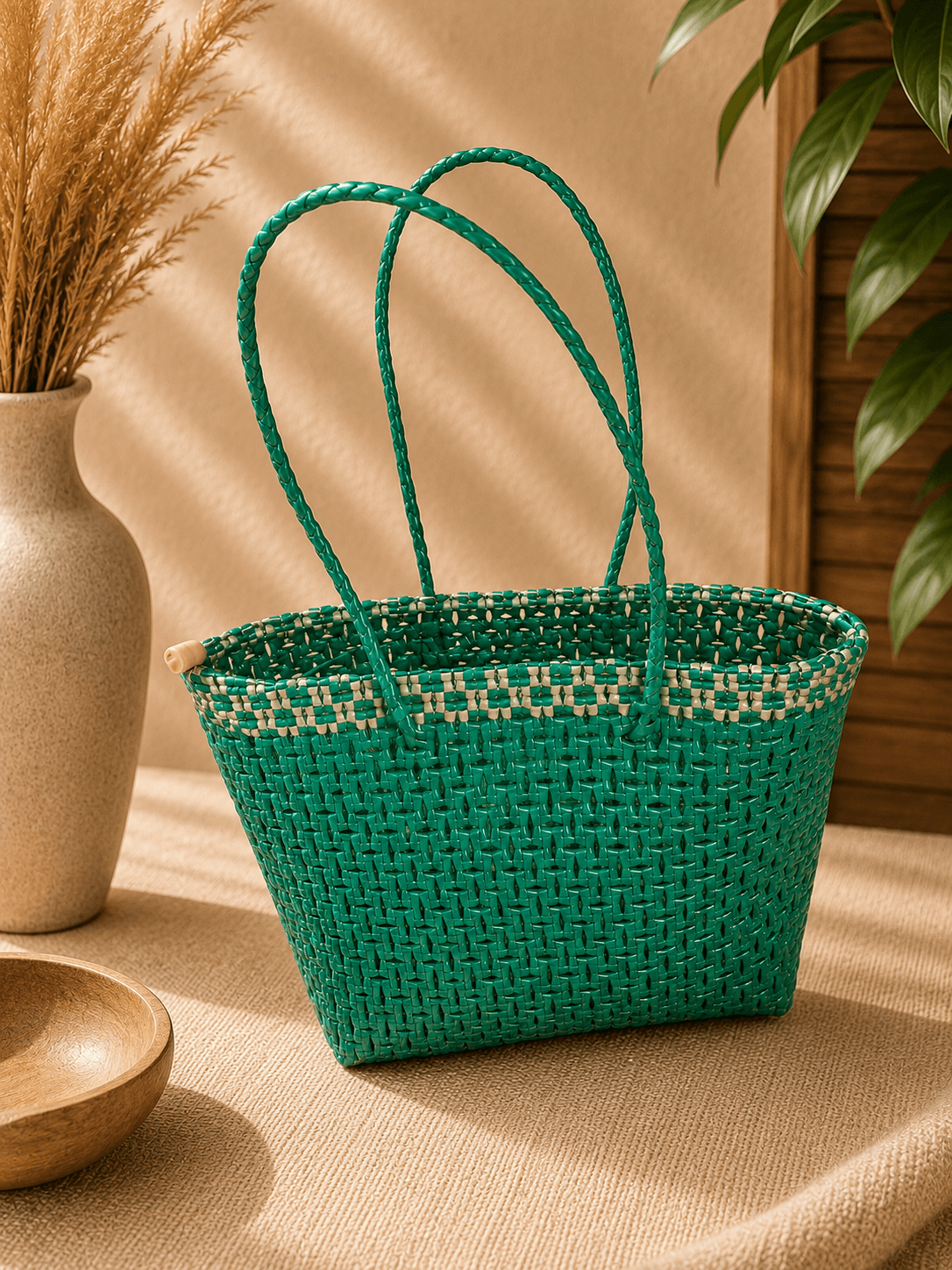 Premium Handmade Wire Woven Bags | Traditional Plastic Wire Handbags | Reusable Shopping & Gift Bags | KMC Iyarkai Creation |Green grey Sivan
