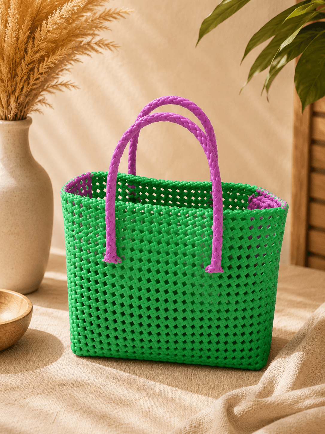 Premium Handmade Wire Woven Bags | Traditional Plastic Wire Handbags | Reusable Shopping & Gift Bags | KMC Iyarkai Creation |Green pink pouch model 1