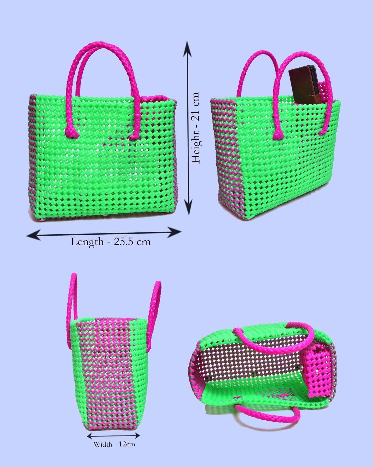 Premium Handmade Wire Woven Bags | Traditional Plastic Wire Handbags | Reusable Shopping & Gift Bags | KMC Iyarkai Creation |Green pink pouch model 3