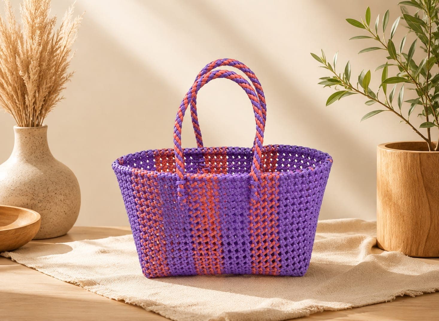 Premium Handmade Wire Woven Bags | Traditional Plastic Wire Handbags | Reusable Shopping & Gift Bags | KMC Iyarkai Creation |Normal purple orange 1