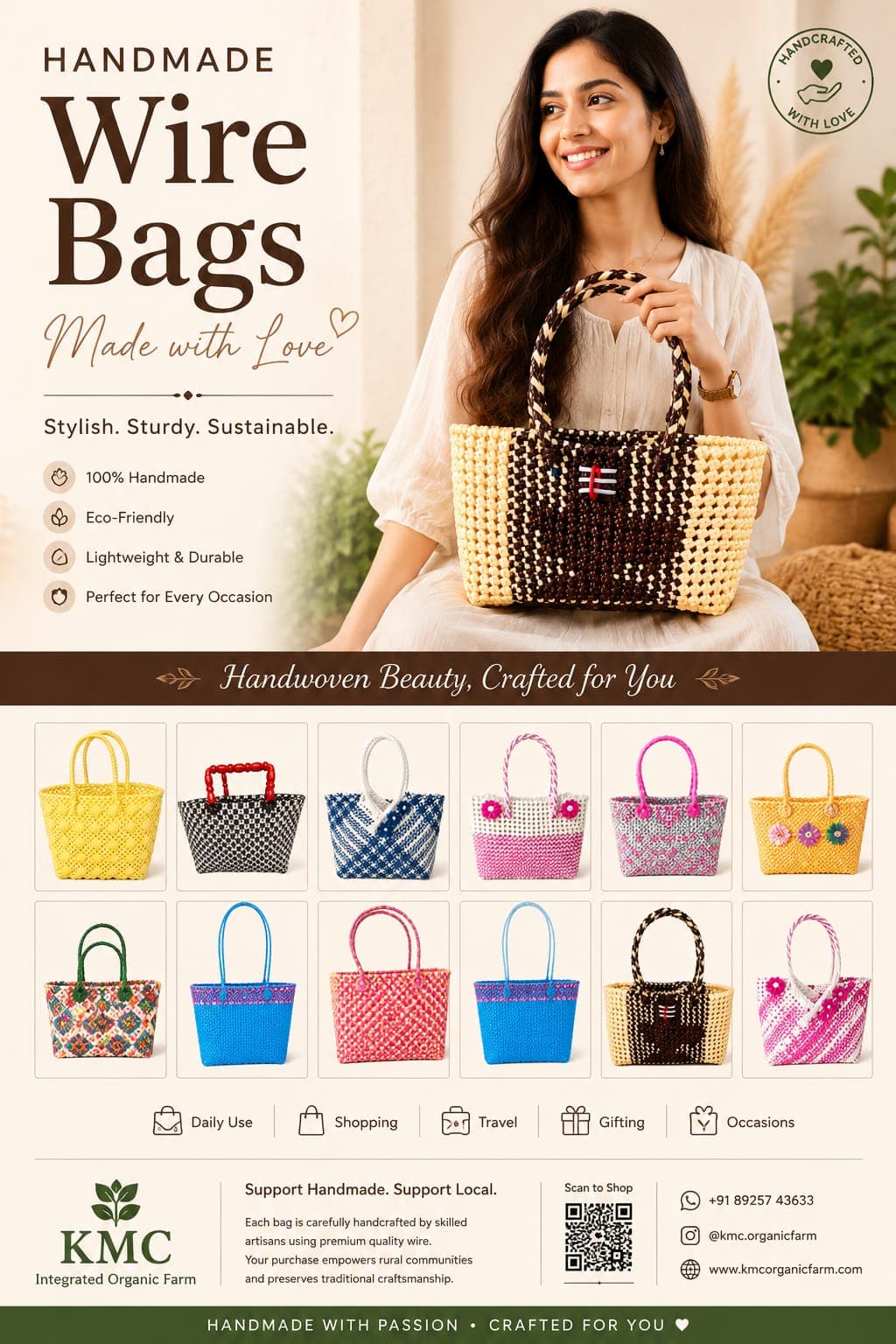 Premium Handmade Wire Woven Bags | Traditional Plastic Wire Handbags | Reusable Shopping & Gift Bags | KMC Iyarkai Creation |Normal purple orange 4