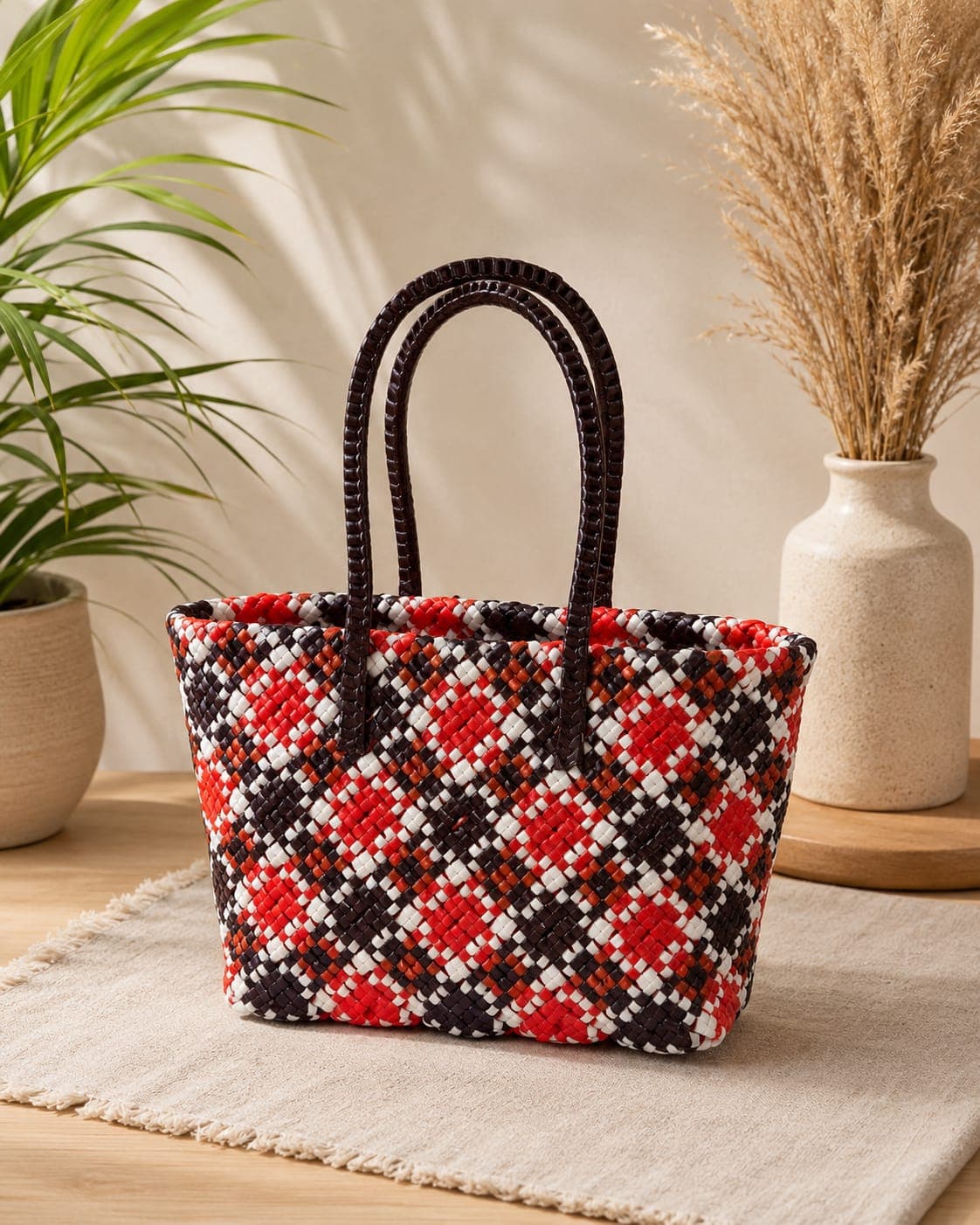 Premium Handmade Wire Woven Bags | Traditional Plastic Wire Handbags | Reusable Shopping & Gift Bags | KMC Iyarkai Creation |Orange black white_SivanKan