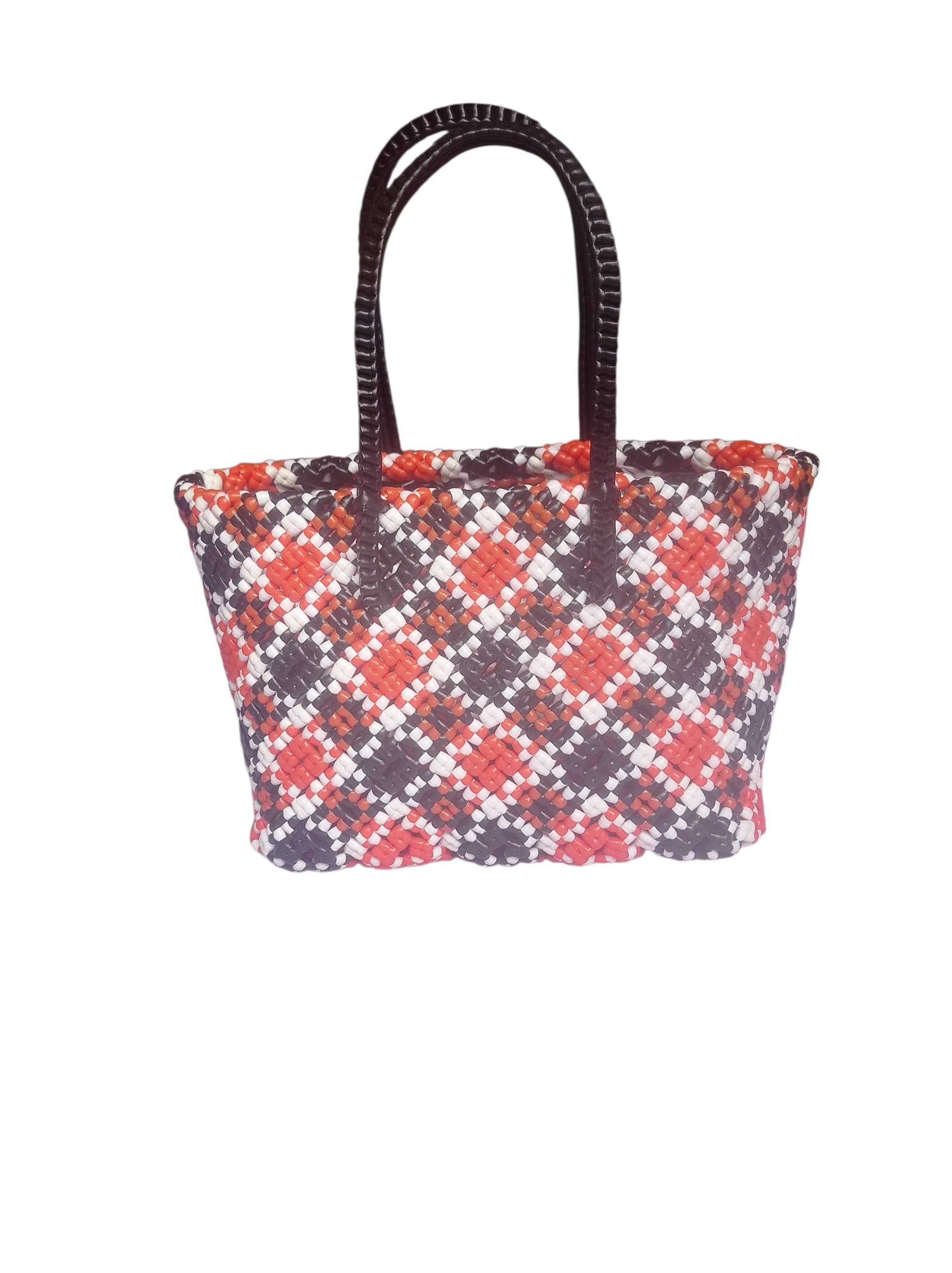 Premium Handmade Wire Woven Bags | Traditional Plastic Wire Handbags | Reusable Shopping & Gift Bags | KMC Iyarkai Creation |Orange black white_SivanKan 2