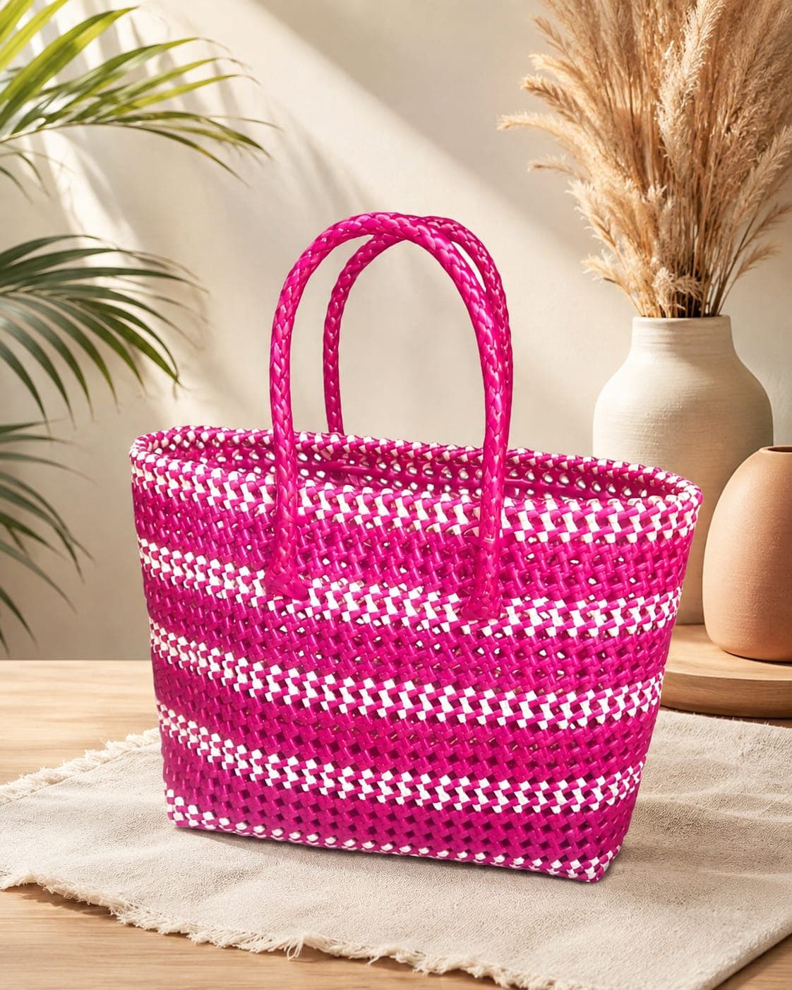 Premium Handmade Wire Woven Bags | Traditional Plastic Wire Handbags | Reusable Shopping & Gift Bags | KMC Iyarkai Creation |Pink and white_Normal