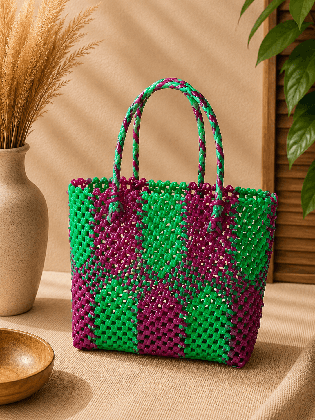 Premium Handmade Wire Woven Bags | Traditional Plastic Wire Handbags | Reusable Shopping & Gift Bags | KMC Iyarkai Creation |Pink green jackfruit model