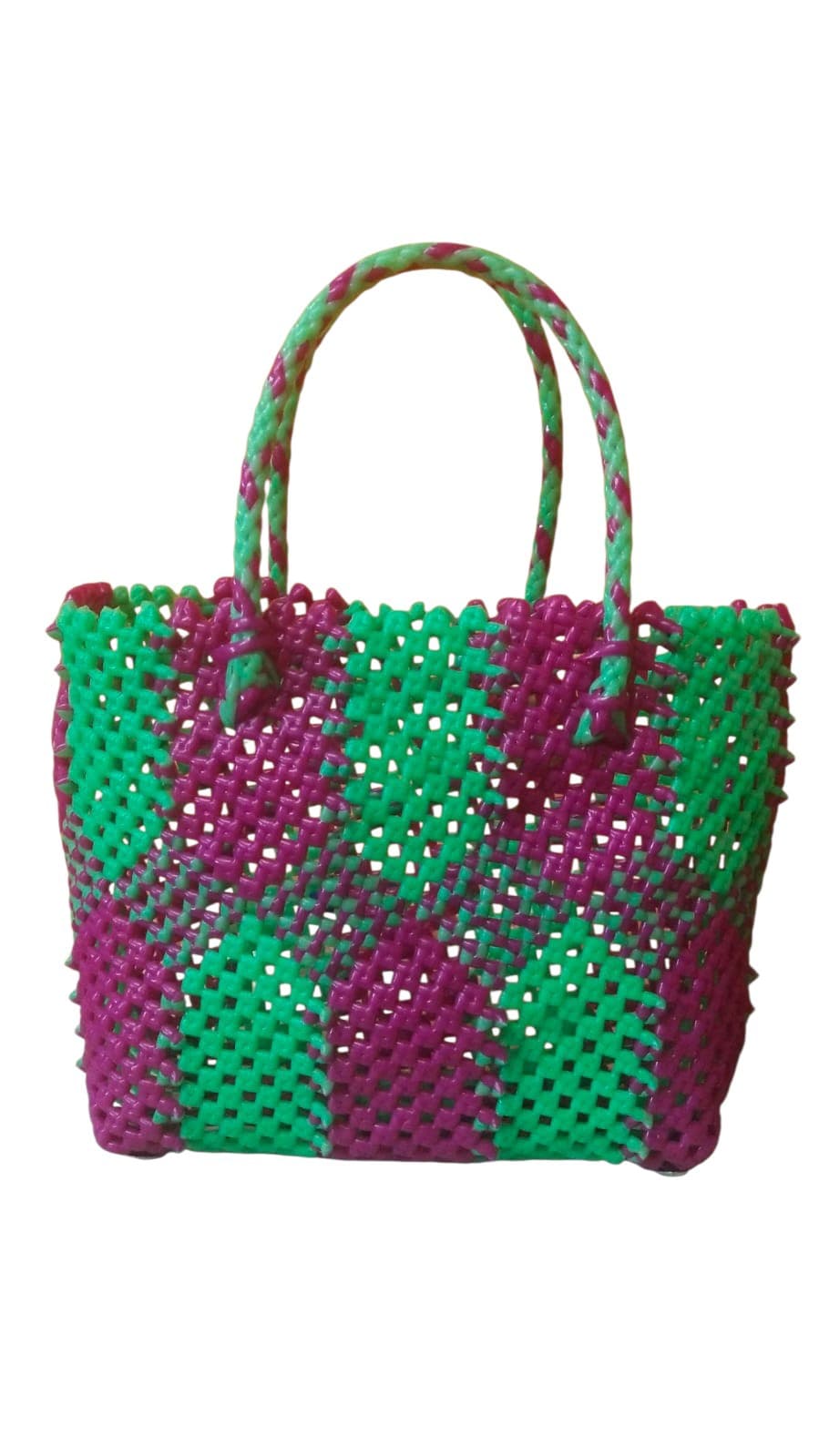 Premium Handmade Wire Woven Bags | Traditional Plastic Wire Handbags | Reusable Shopping & Gift Bags | KMC Iyarkai Creation |Pink green jackfruit model 2