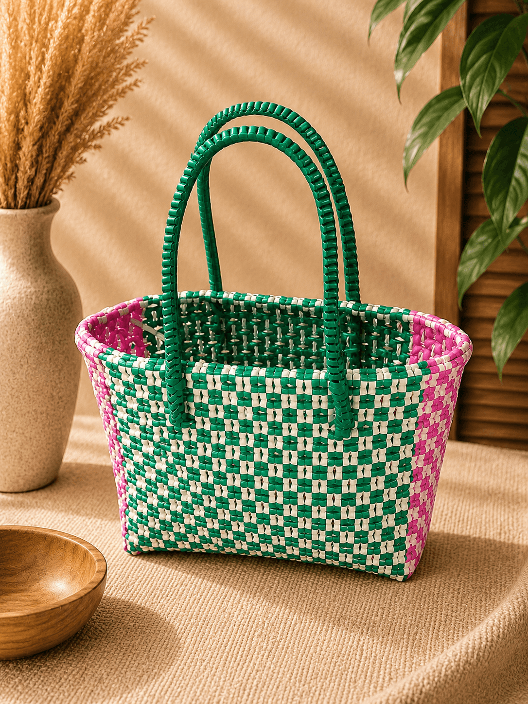 Premium Handmade Wire Woven Bags | Traditional Plastic Wire Handbags | Reusable Shopping & Gift Bags | KMC Iyarkai Creation |Pink green_SivanKan