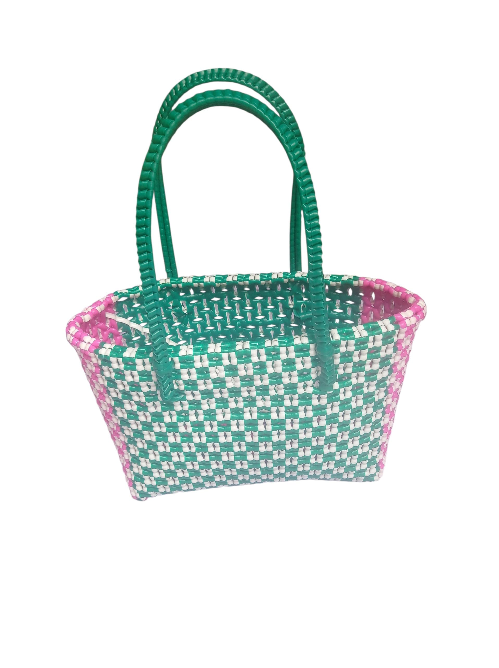 Premium Handmade Wire Woven Bags | Traditional Plastic Wire Handbags | Reusable Shopping & Gift Bags | KMC Iyarkai Creation |Pink green_SivanKan 2