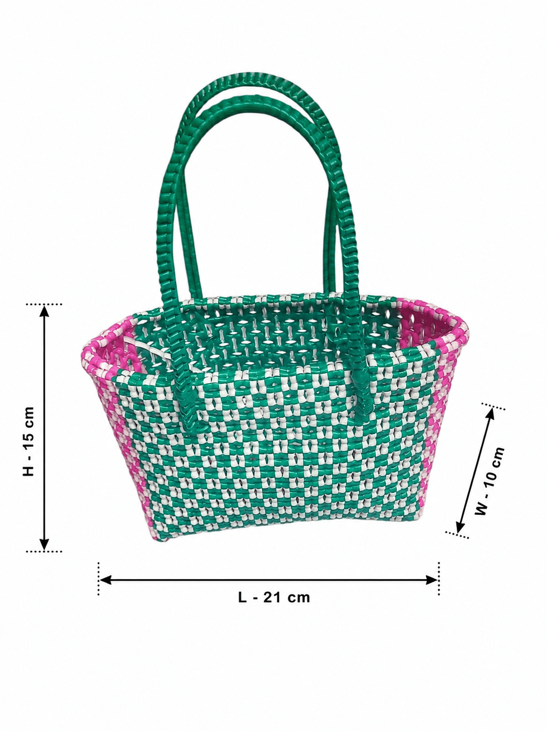 Premium Handmade Wire Woven Bags | Traditional Plastic Wire Handbags | Reusable Shopping & Gift Bags | KMC Iyarkai Creation |Pink green_SivanKan 3