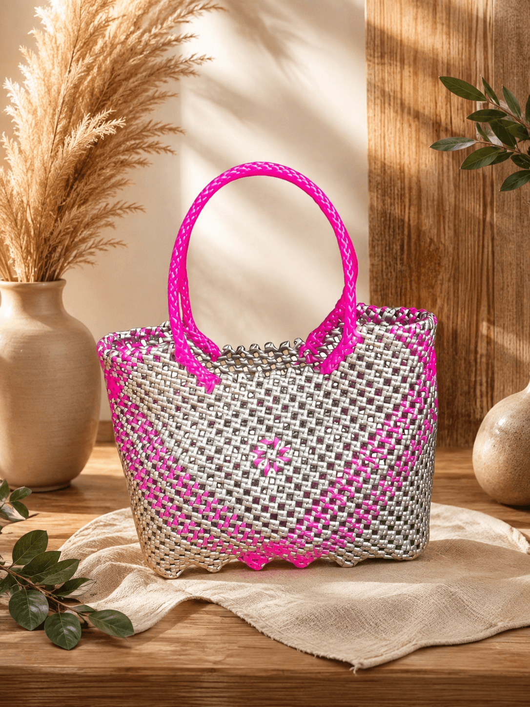 Deluxe Premium Handmade Wire Woven Bags | Traditional Plastic Wire Handbags | Reusable Shopping & Gift Bags | KMC Iyarkai Creation |Pink grey  vshape