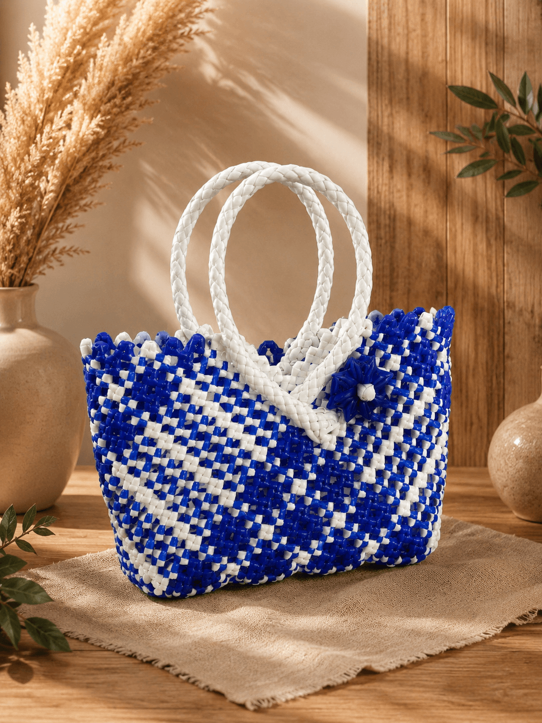 Deluxe Premium Handmade Wire Woven Bags | Traditional Plastic Wire Handbags | Reusable Shopping & Gift Bags | KMC Iyarkai Creation |blue_white_small