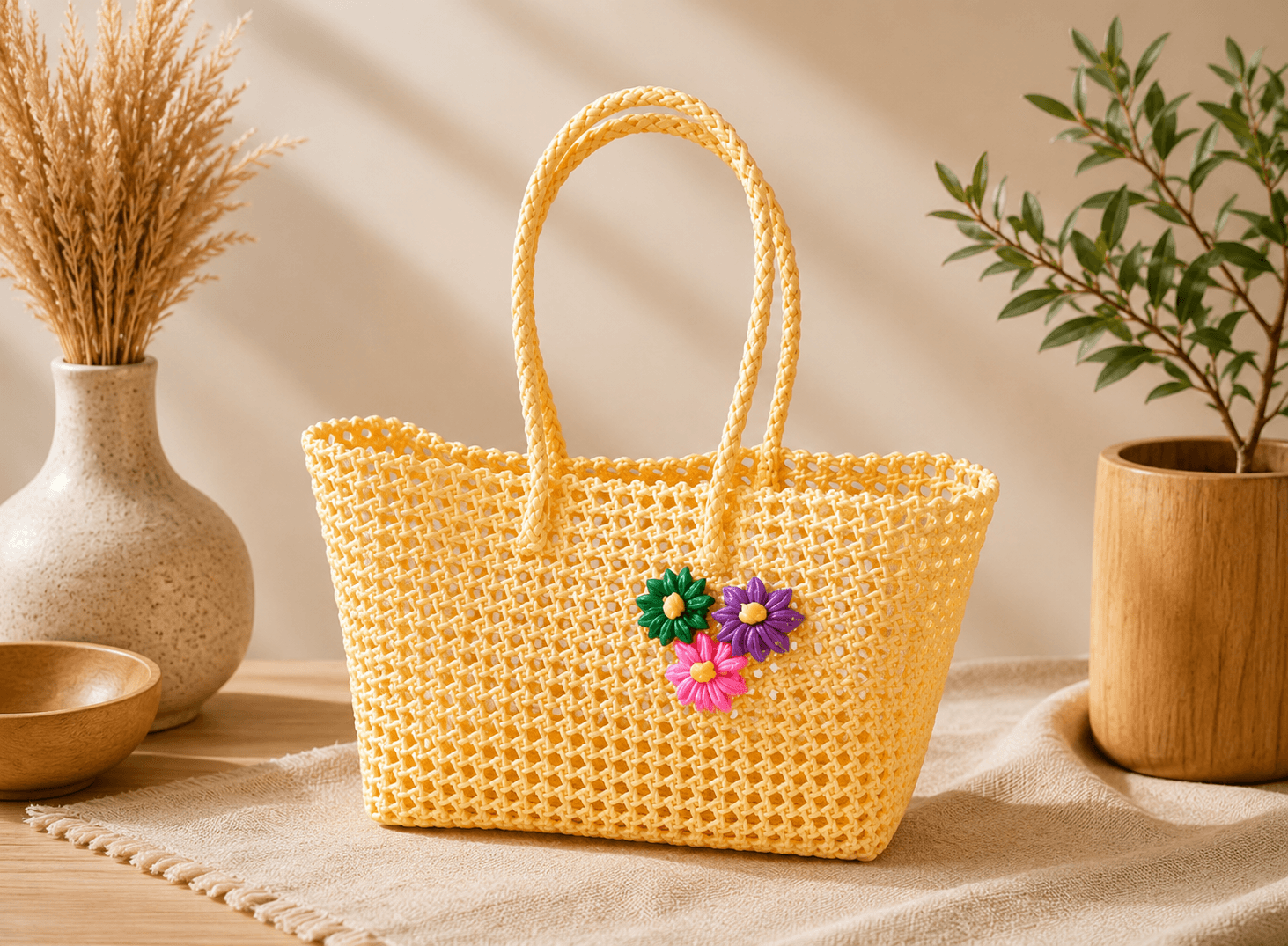 Deluxe Premium Handmade Wire Woven Bags | Traditional Plastic Wire Handbags | Reusable Shopping & Gift Bags | KMC Iyarkai Creation |Golden_Normal