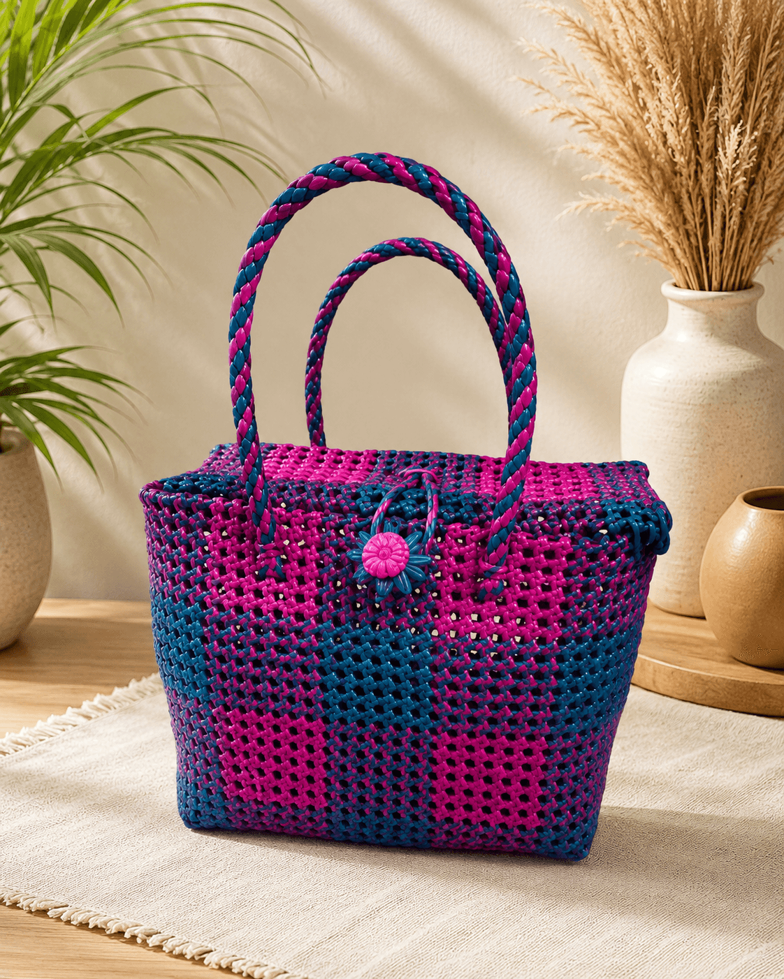 Deluxe Premium Handmade Wire Woven Bags | Traditional Plastic Wire Handbags | Reusable Shopping & Gift Bags | KMC Iyarkai Creation |GreenPink _lid
