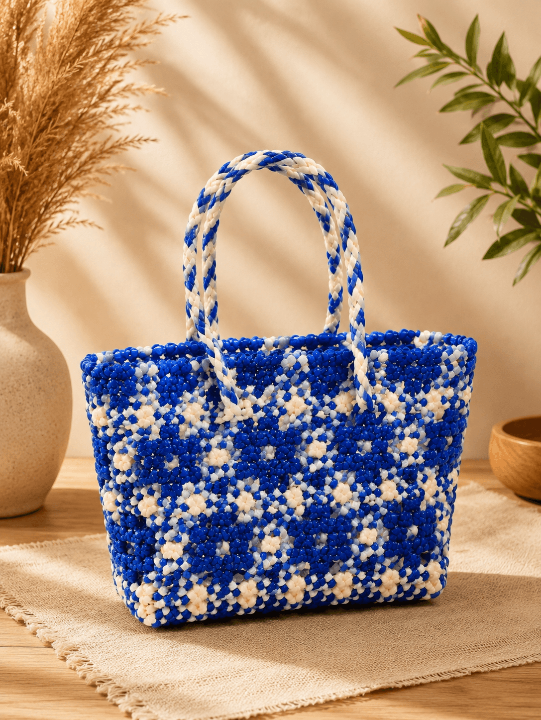 Deluxe Premium Handmade Wire Woven Bags | Traditional Plastic Wire Handbags | Reusable Shopping & Gift Bags | KMC Iyarkai Creation |Blue sandal star_Normal