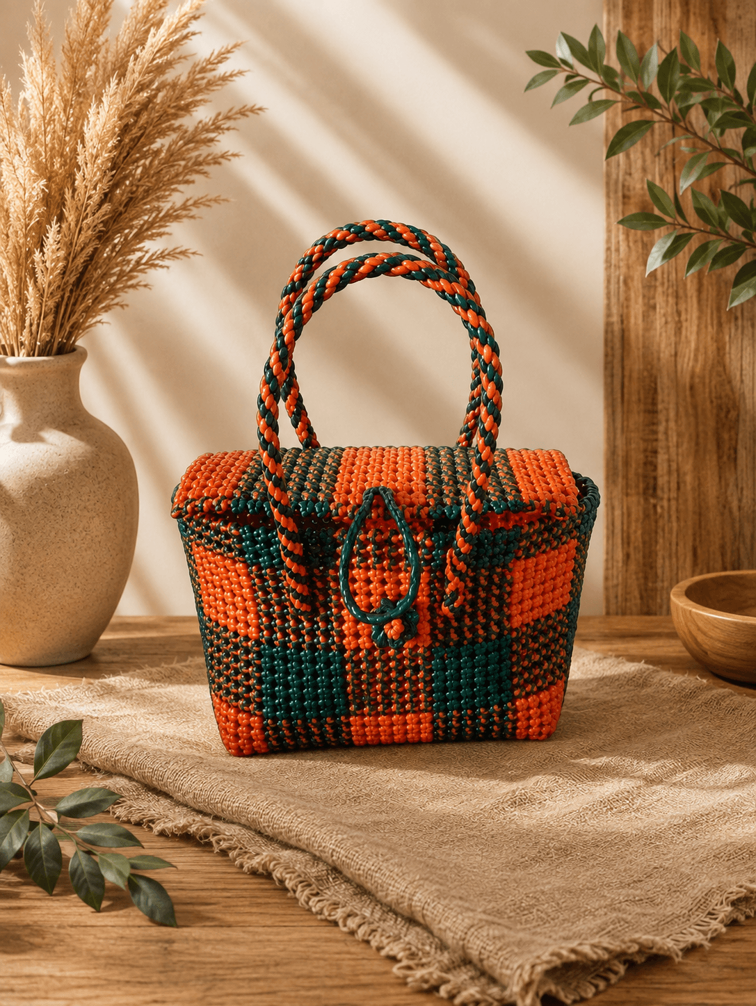 Deluxe Premium Handmade Wire Woven Bags | Traditional Plastic Wire Handbags | Reusable Shopping & Gift Bags | KMC Iyarkai Creation |Dark green orange_lid