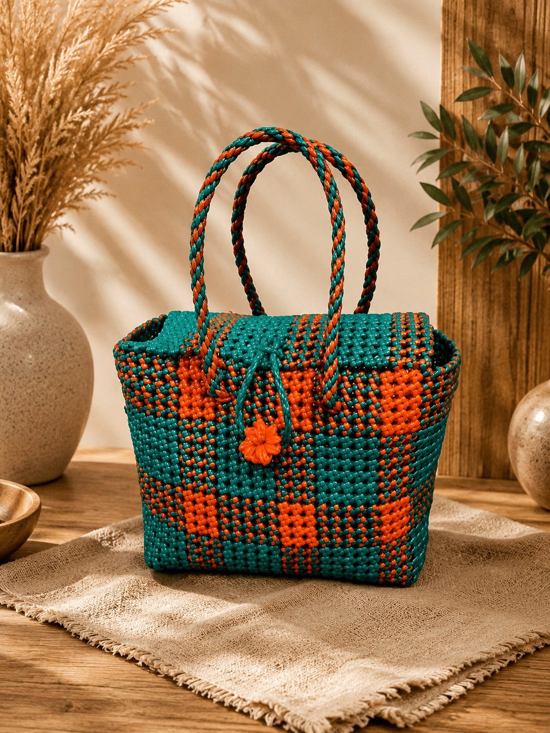 Deluxe Premium Handmade Wire Woven Bags | Traditional Plastic Wire Handbags | Reusable Shopping & Gift Bags | KMC Iyarkai Creation |Light Green orange_lid