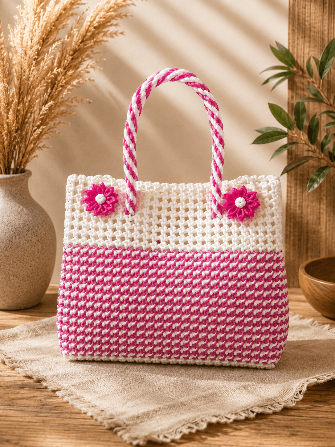 Deluxe Premium Handmade Wire Woven Bags | Traditional Plastic Wire Handbags | Reusable Shopping & Gift Bags | KMC Iyarkai Creation |Pink white  side closed type