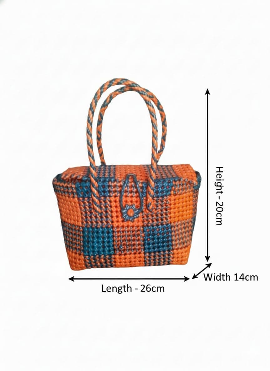 Deluxe Premium Handmade Wire Woven Bags | Traditional Plastic Wire Handbags | Reusable Shopping & Gift Bags | KMC Iyarkai Creation |Dark green orange_lid 3