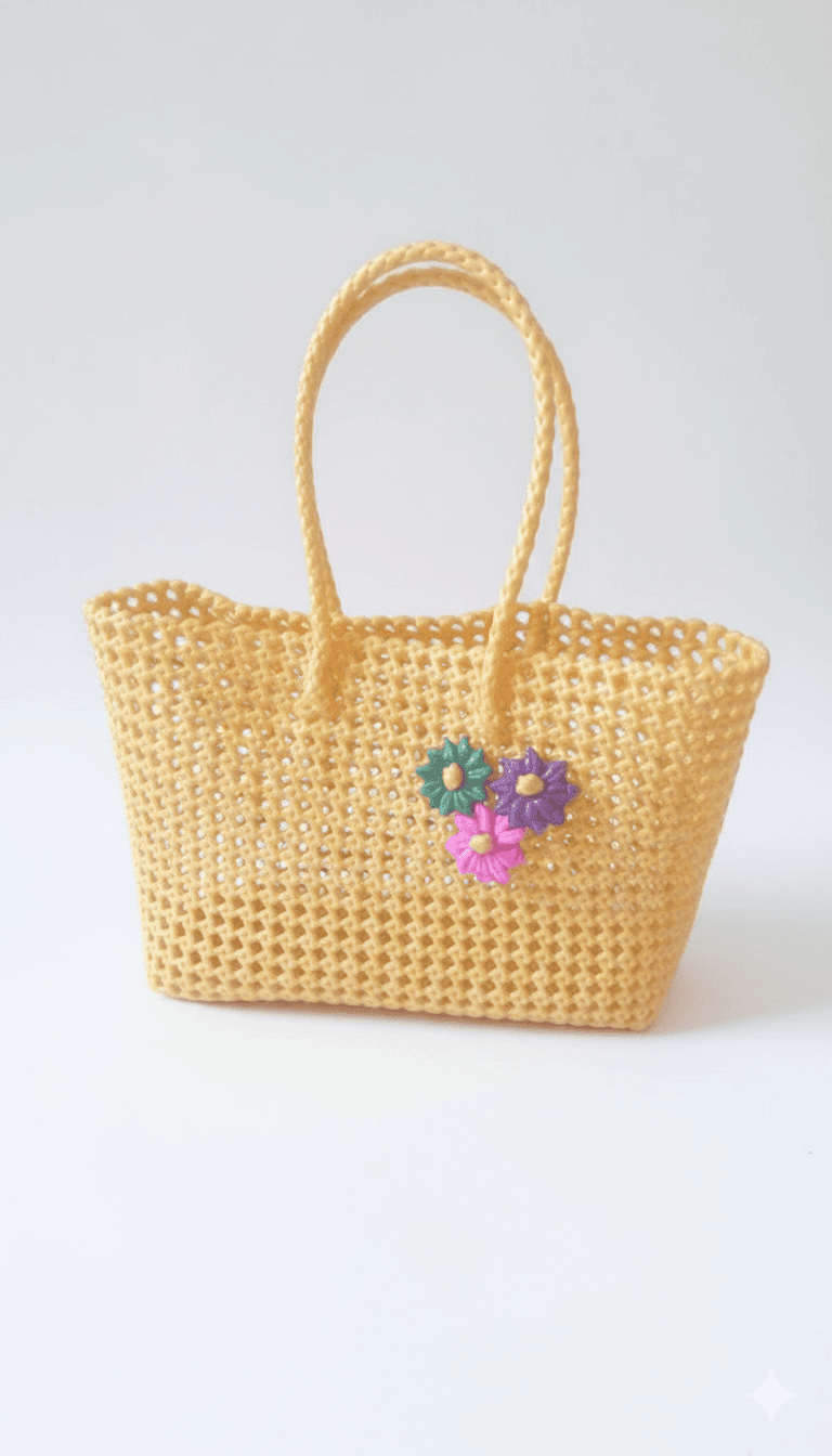 Deluxe Premium Handmade Wire Woven Bags | Traditional Plastic Wire Handbags | Reusable Shopping & Gift Bags | KMC Iyarkai Creation |Golden_Normal 2