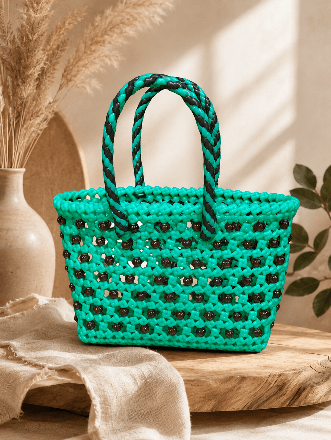 Deluxe Premium Handmade Wire Woven Bags | Traditional Plastic Wire Handbags | Reusable Shopping & Gift Bags | KMC Iyarkai Creation |LightGreen brown beads