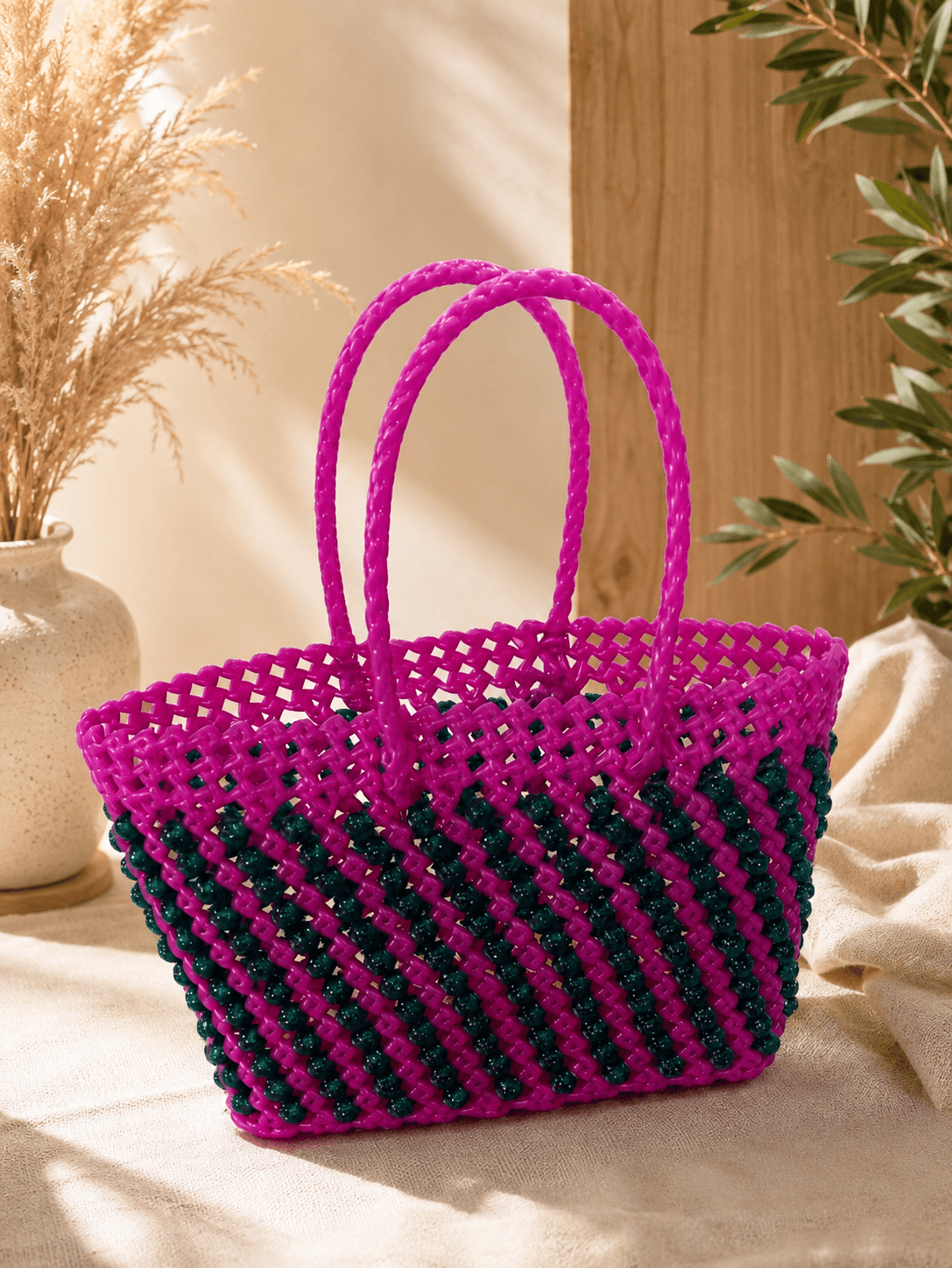 Deluxe Premium Handmade Wire Woven Bags | Traditional Plastic Wire Handbags | Reusable Shopping & Gift Bags | KMC Iyarkai Creation |Pink Green beads