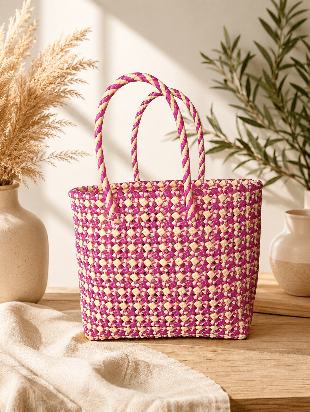 Deluxe Premium Handmade Wire Woven Bags | Traditional Plastic Wire Handbags | Reusable Shopping & Gift Bags | KMC Iyarkai Creation |Pink sandal checked _Normal