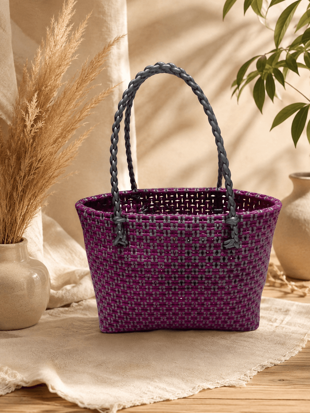 Deluxe Premium Handmade Wire Woven Bags | Traditional Plastic Wire Handbags | Reusable Shopping & Gift Bags | KMC Iyarkai Creation |Pink grey _SivanKan