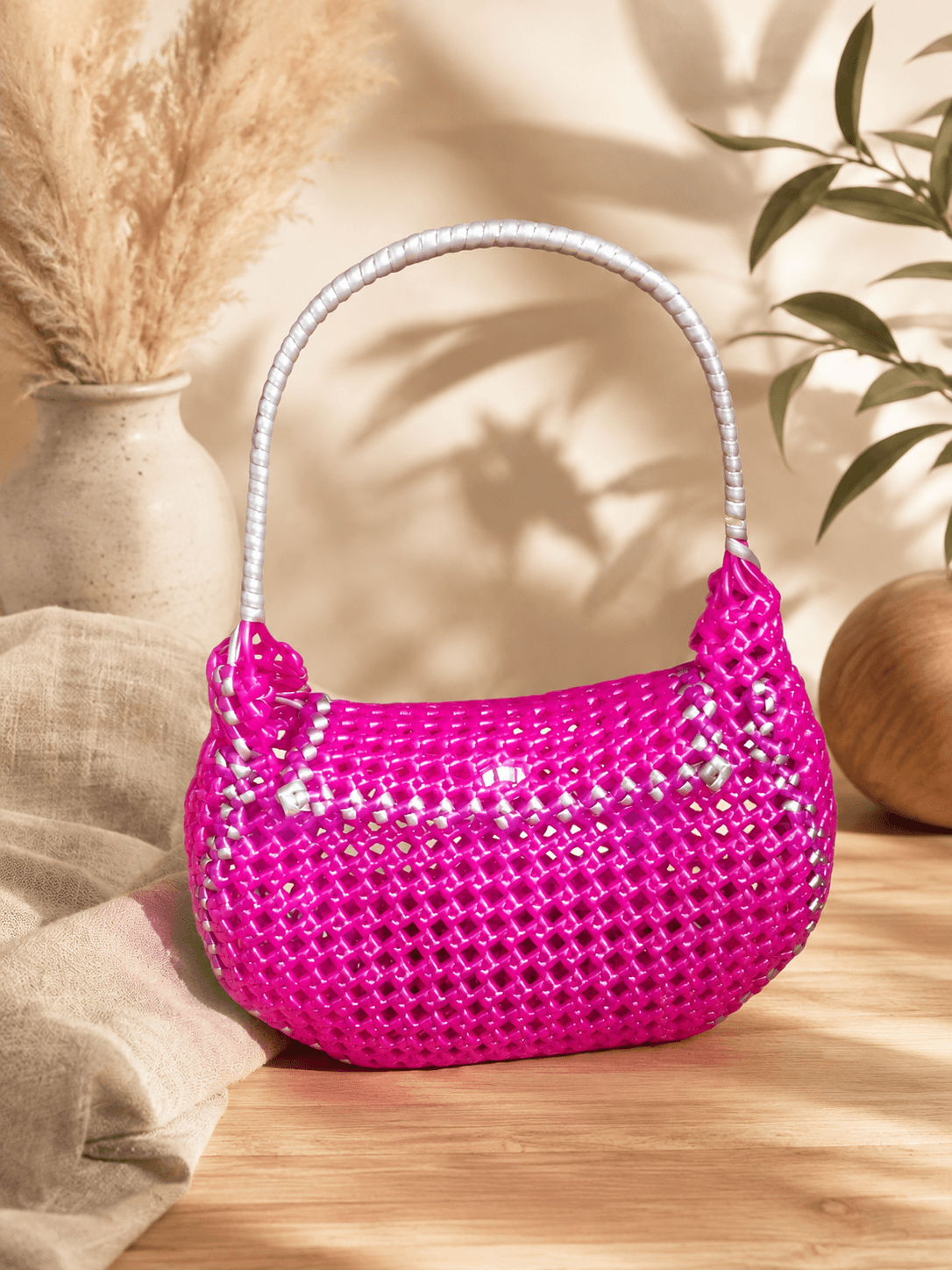 Deluxe Premium Handmade Wire Woven Bags | Traditional Plastic Wire Handbags | Reusable Shopping & Gift Bags | KMC Iyarkai Creation |Pink hand bag