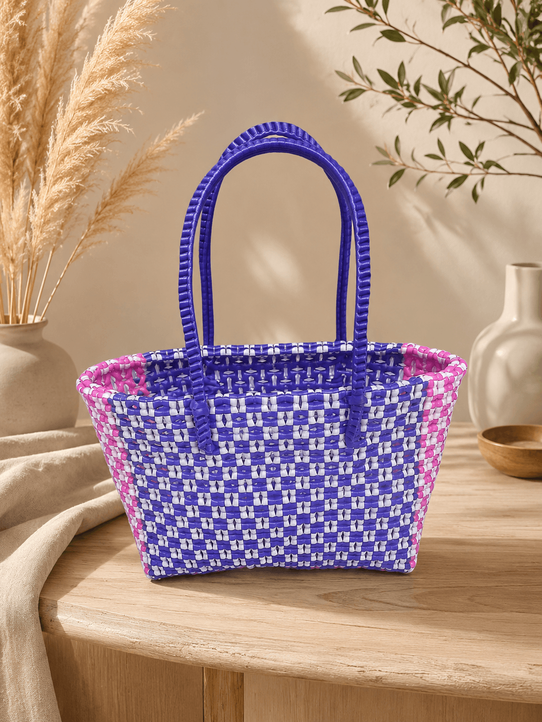 Deluxe Premium Handmade Wire Woven Bags | Traditional Plastic Wire Handbags | Reusable Shopping & Gift Bags | KMC Iyarkai Creation |Pink purple_SivanKan