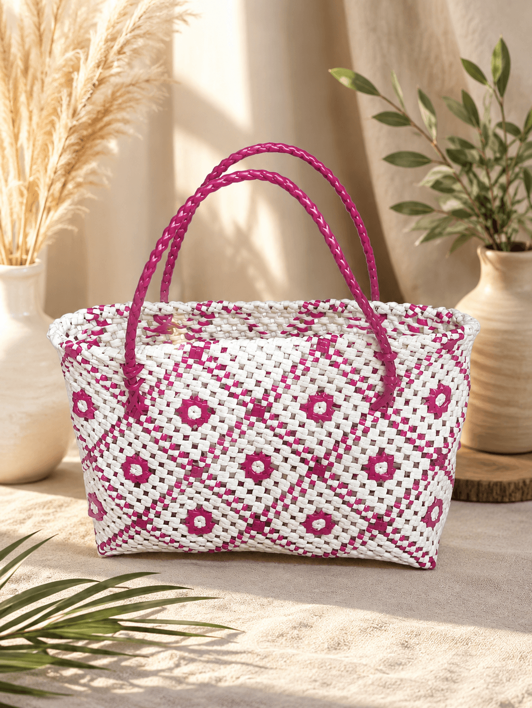 Deluxe Premium Handmade Wire Woven Bags | Traditional Plastic Wire Handbags | Reusable Shopping & Gift Bags | KMC Iyarkai Creation |Pink white checked