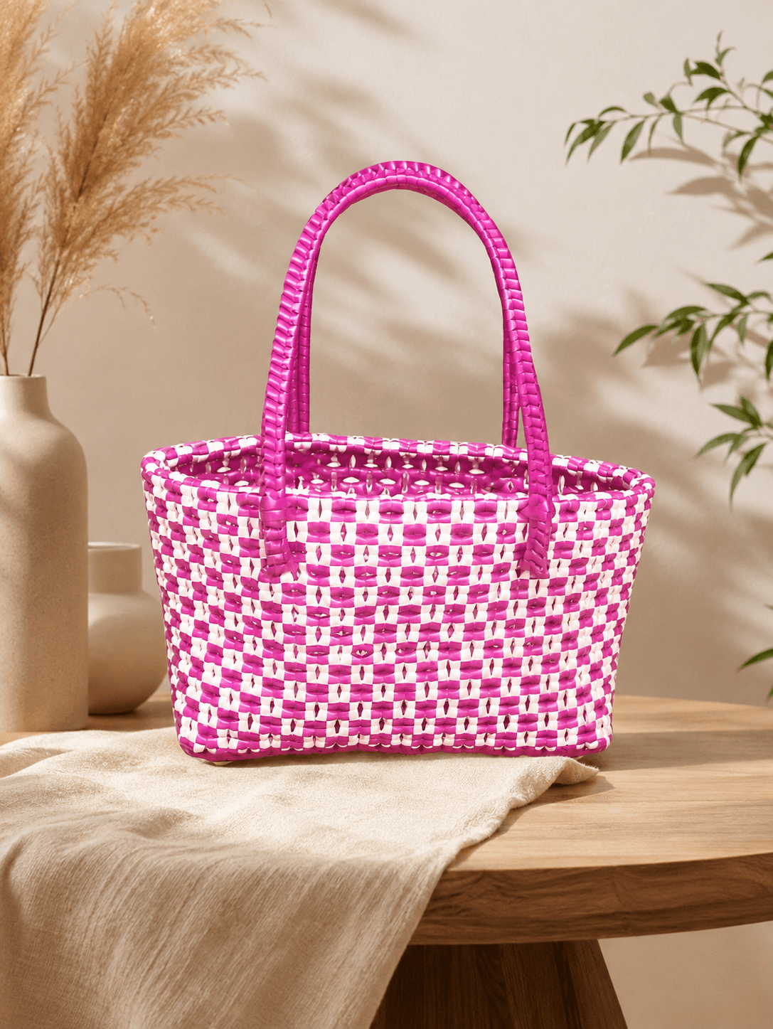 Deluxe Premium Handmade Wire Woven Bags | Traditional Plastic Wire Handbags | Reusable Shopping & Gift Bags | KMC Iyarkai Creation |pink white_SivanKan