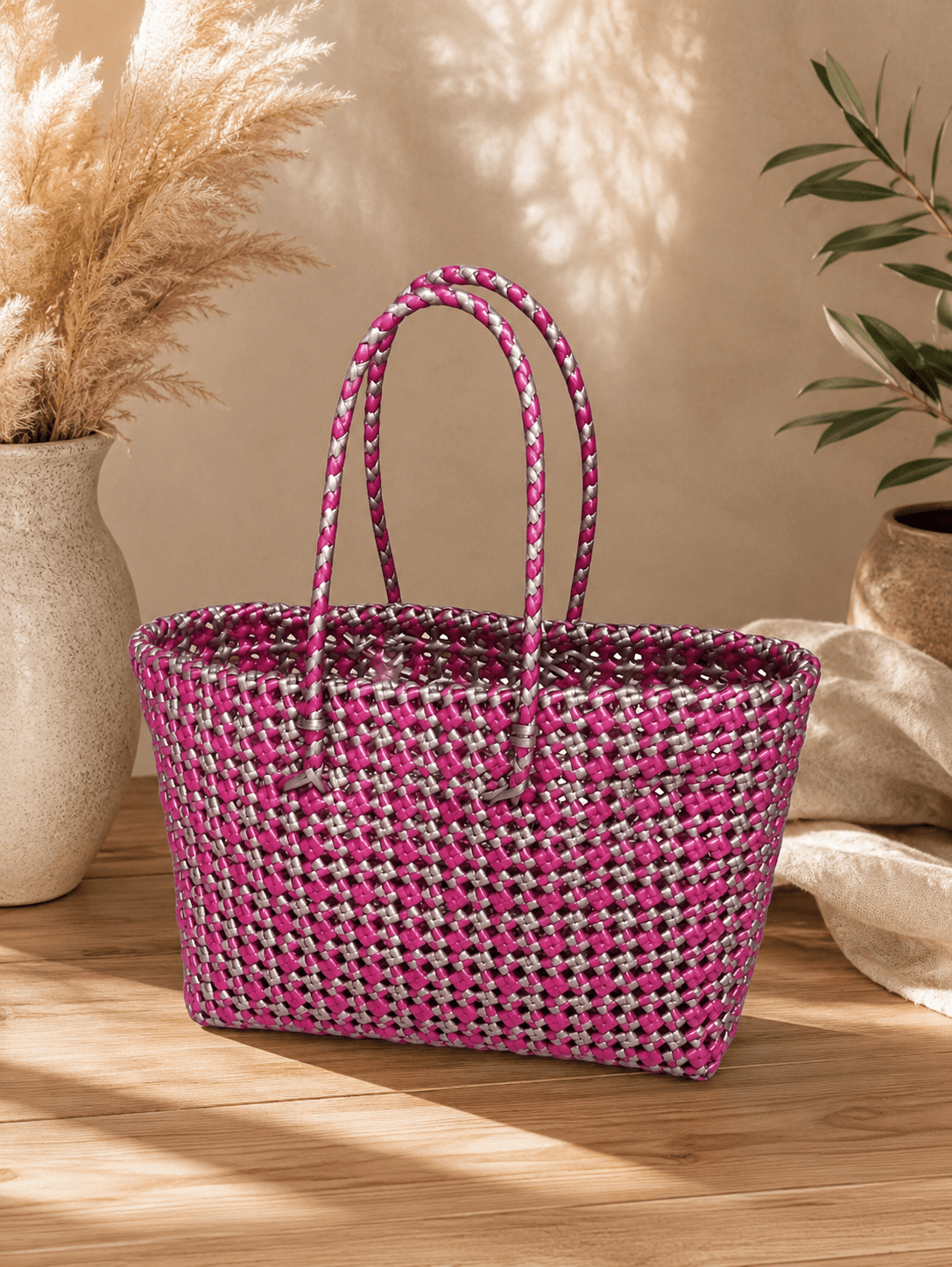 Deluxe Premium Handmade Wire Woven Bags | Traditional Plastic Wire Handbags | Reusable Shopping & Gift Bags | KMC Iyarkai Creation |Pinkgrey checked